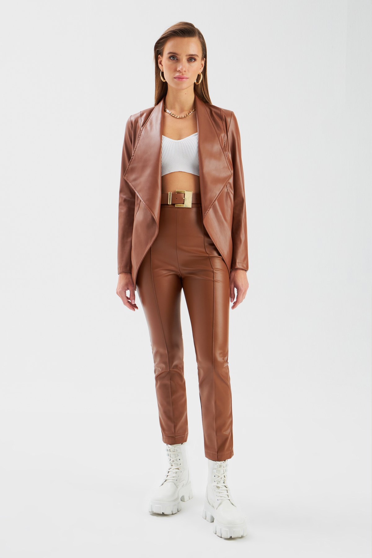 Yüksek bel nervür deri  pantolon - KAHVE