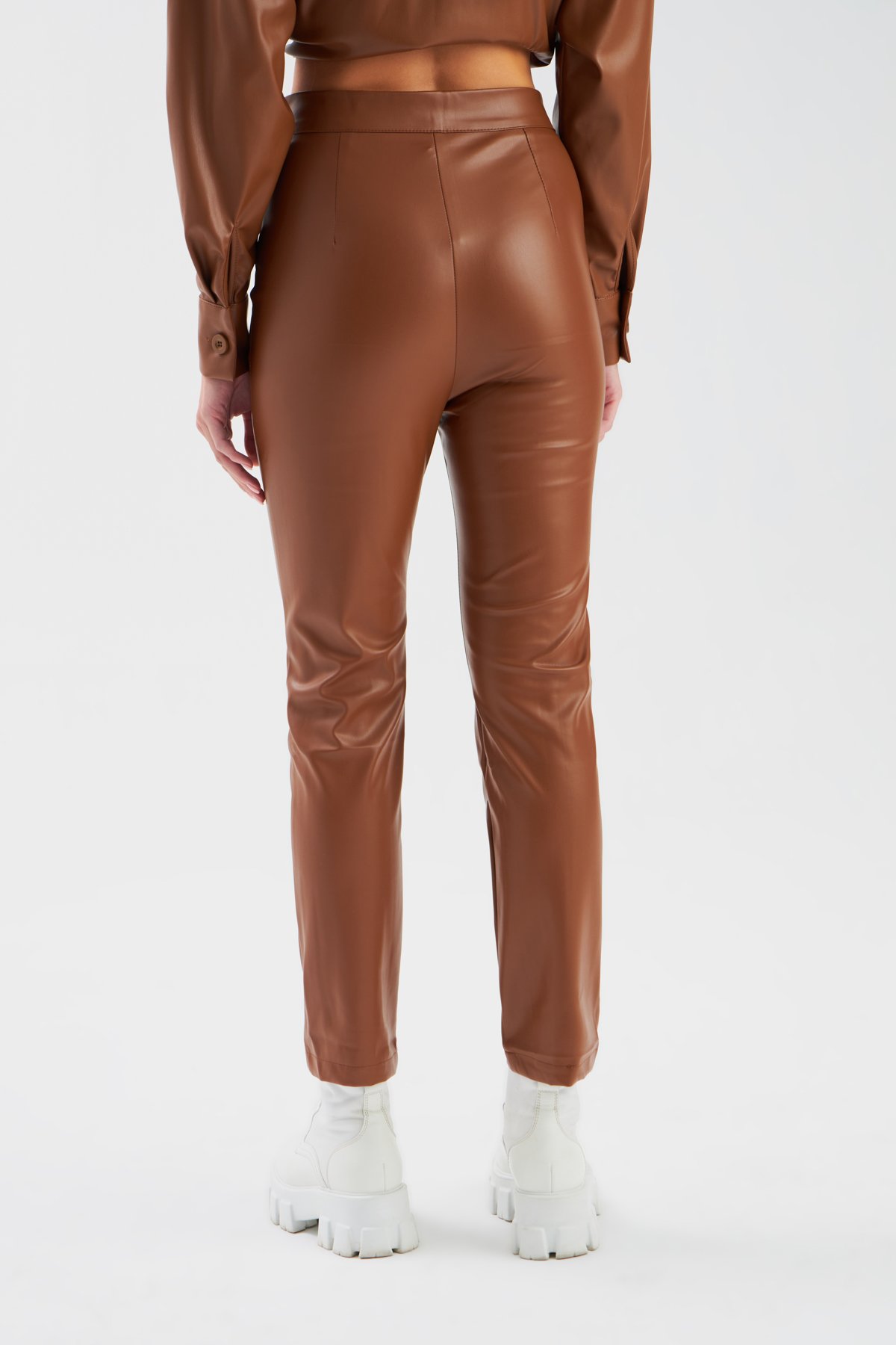 Yüksek bel nervür deri  pantolon - KAHVE