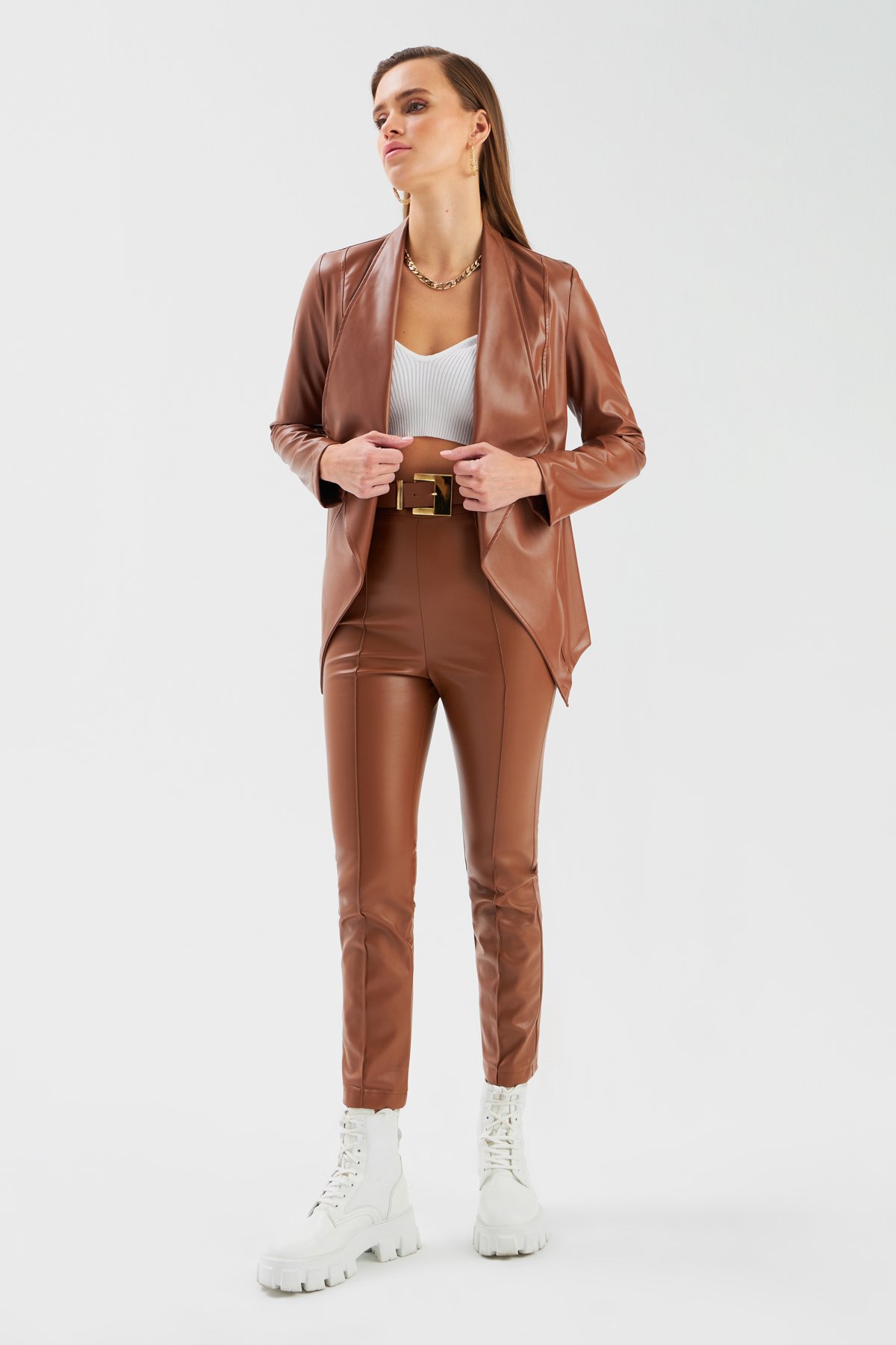 Yüksek bel nervür deri  pantolon - KAHVE