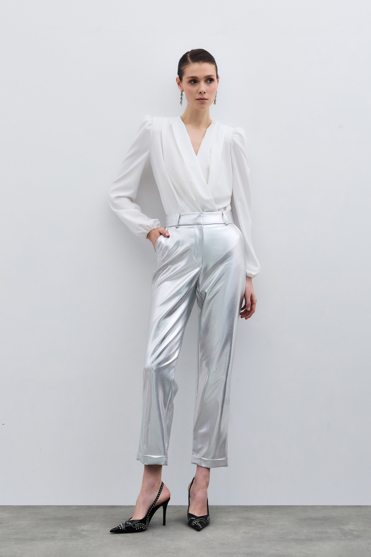 Yüksek Bel Parlak Pantolon - Gümüş