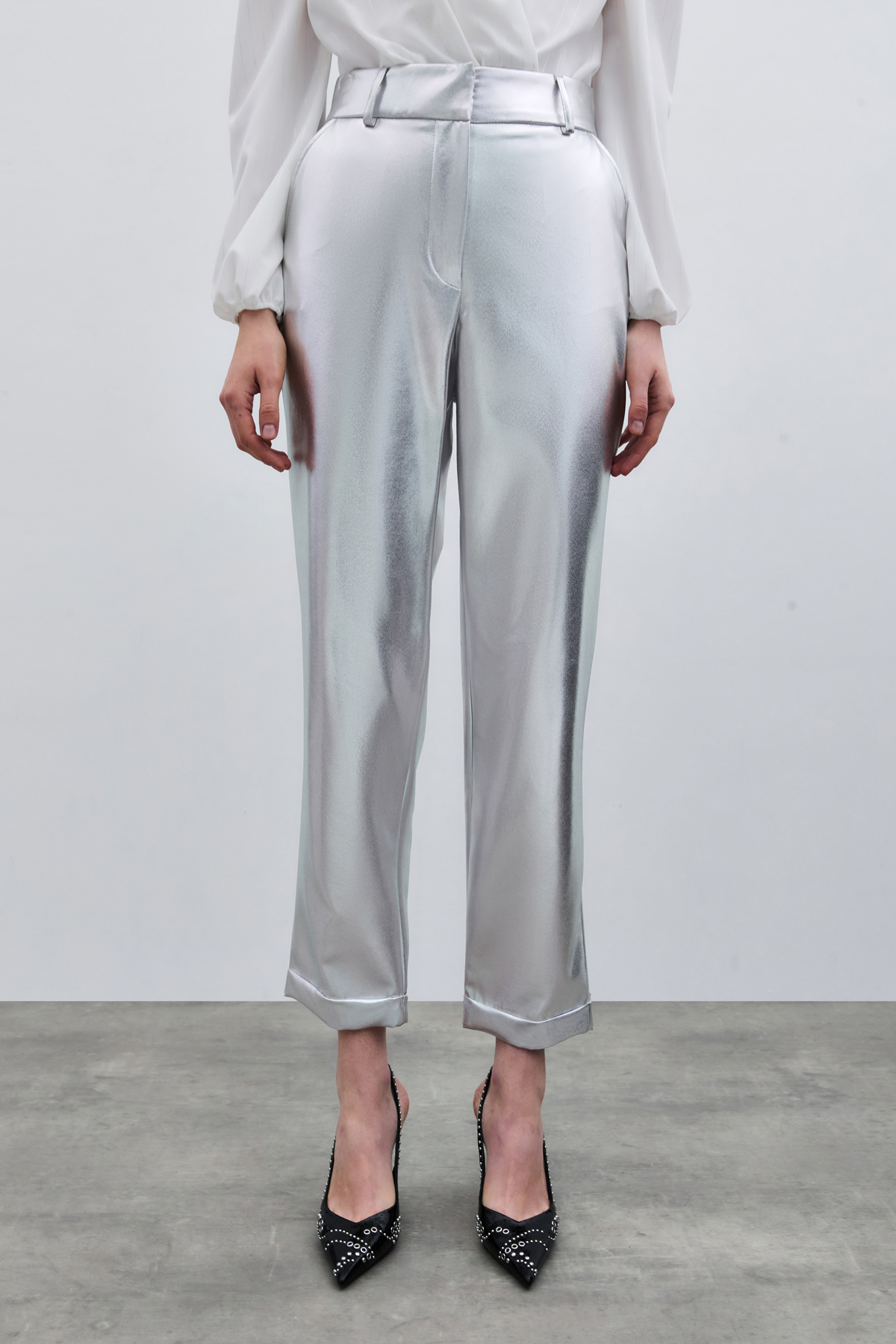 Yüksek Bel Parlak Pantolon - Gümüş