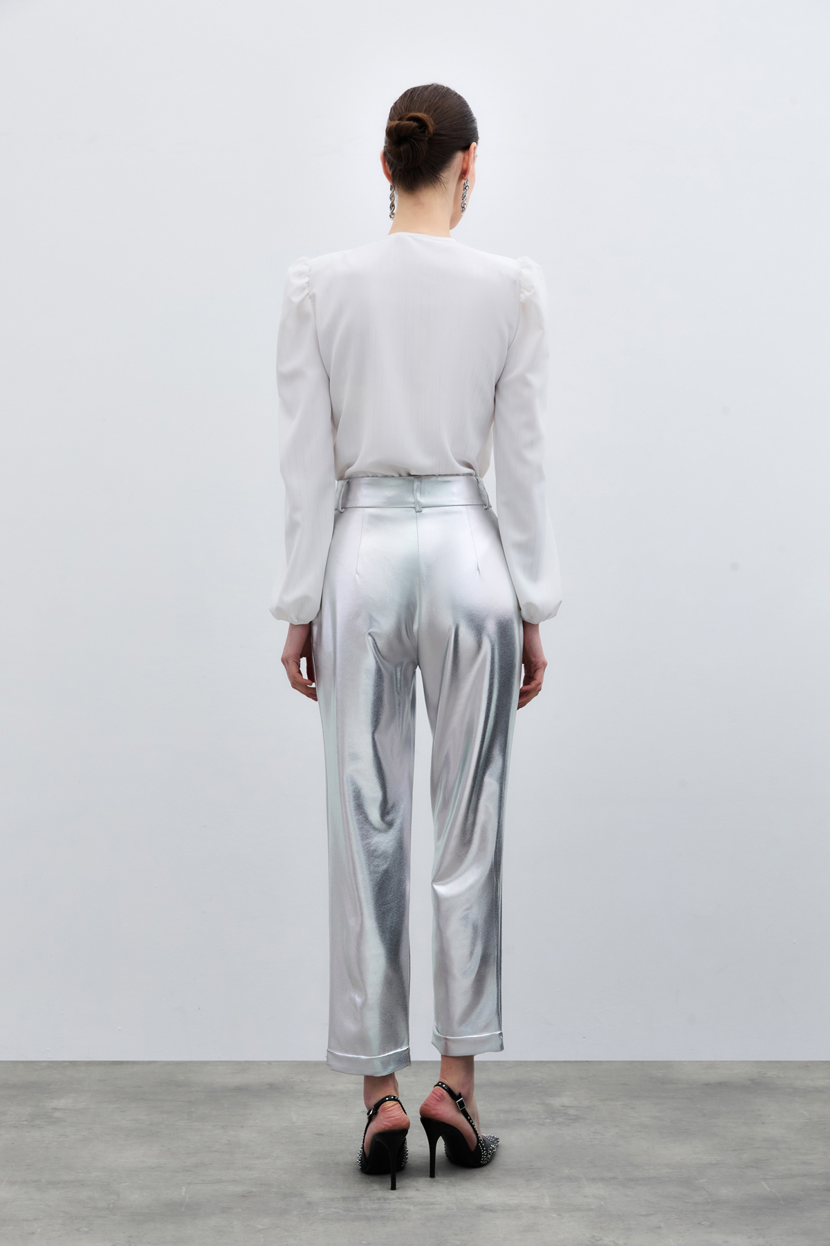 Yüksek Bel Parlak Pantolon - Gümüş