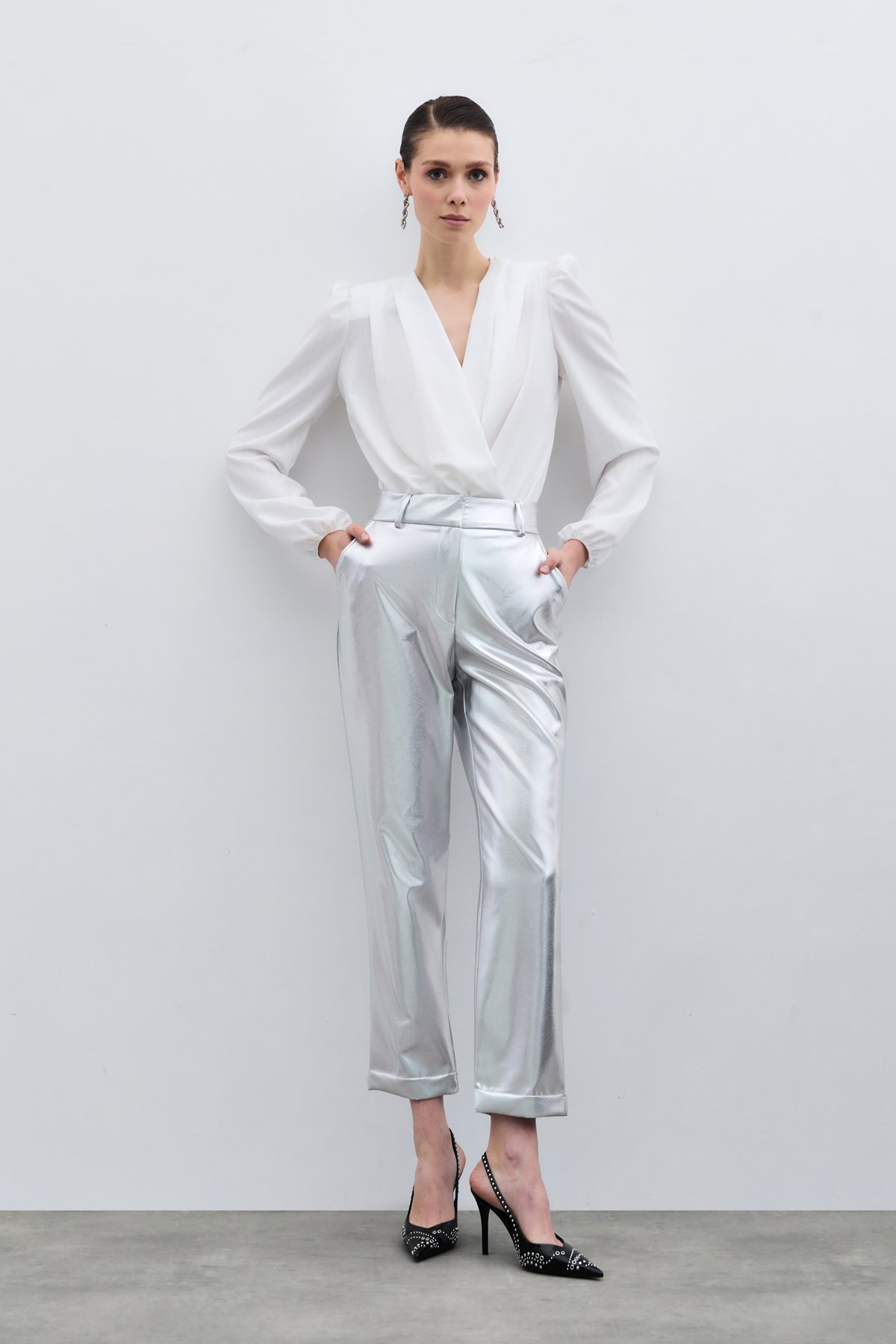 Yüksek Bel Parlak Pantolon - Gümüş