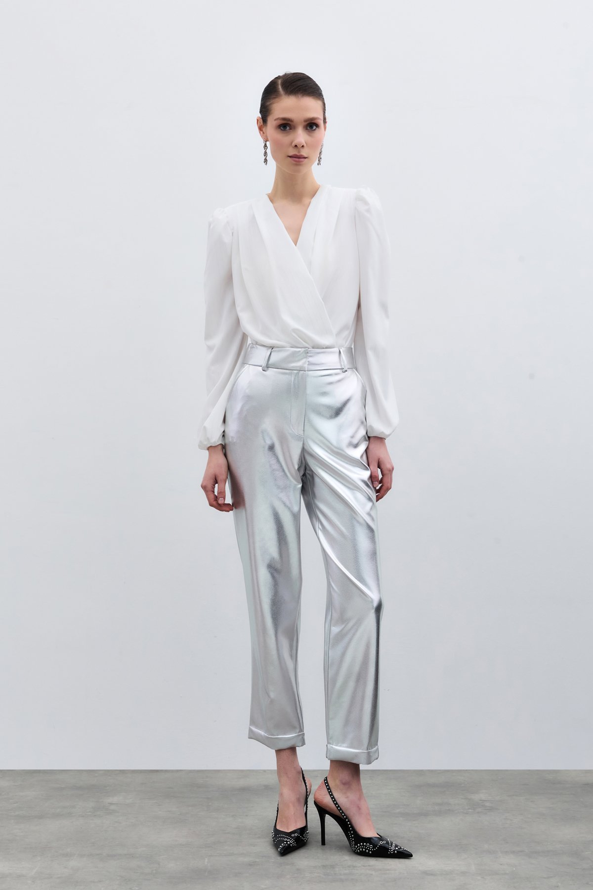 Yüksek Bel Parlak Pantolon - Gümüş
