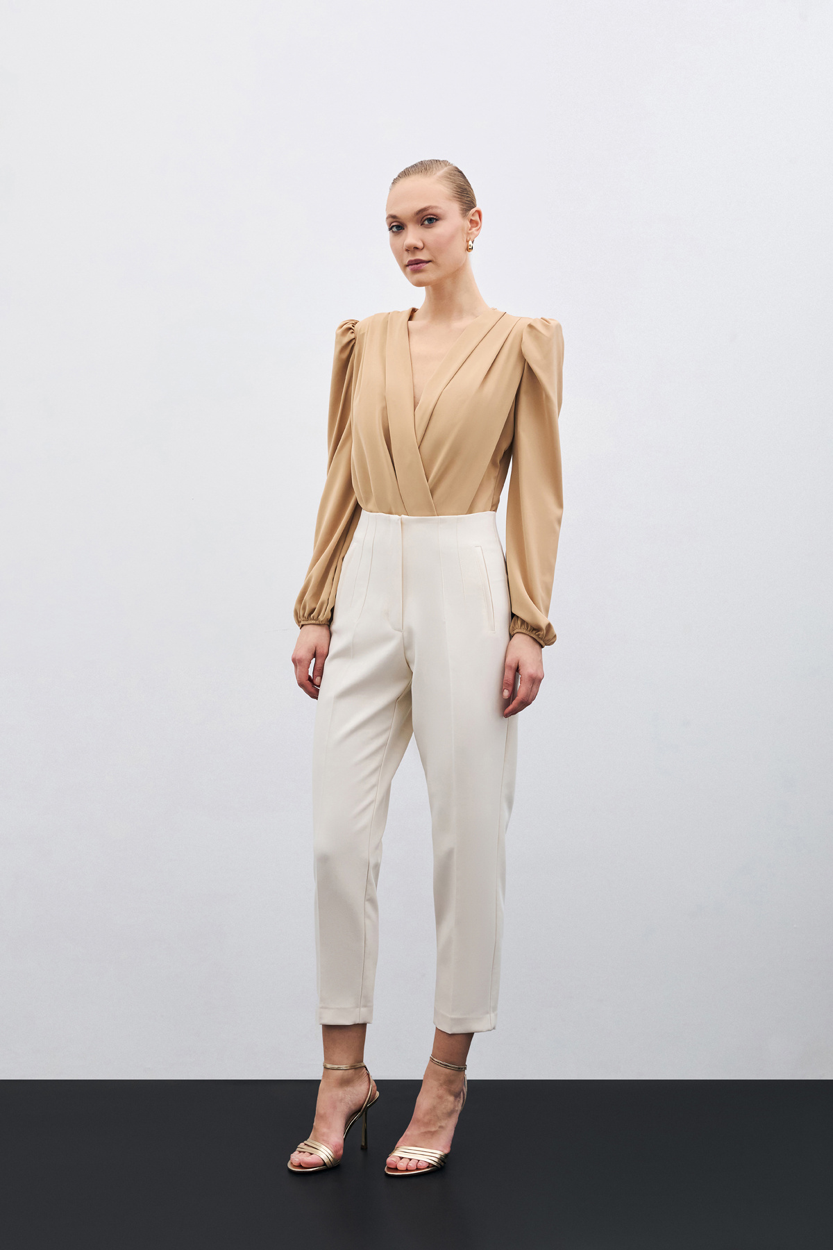 Yüksek Bel Pensli Pantolon - Bej