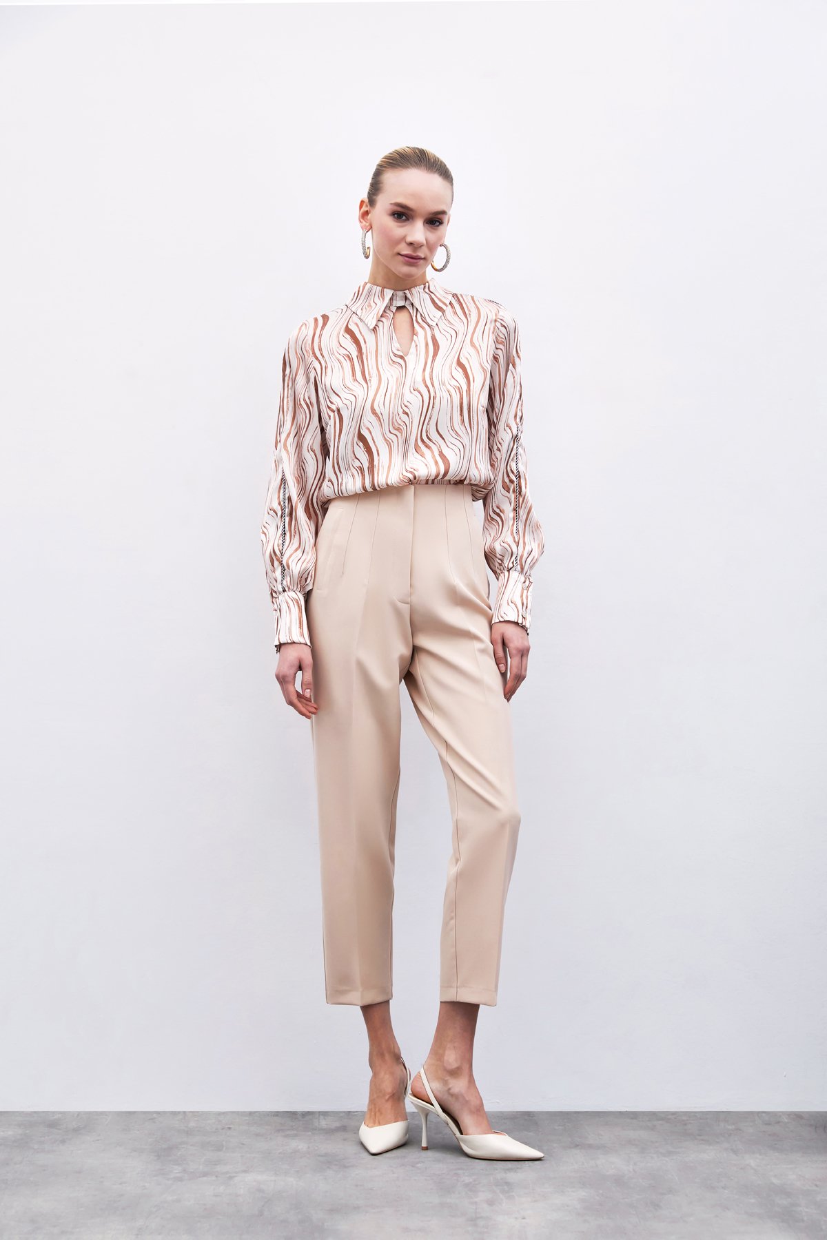 Yüksek Bel Pensli Pantolon - Bej