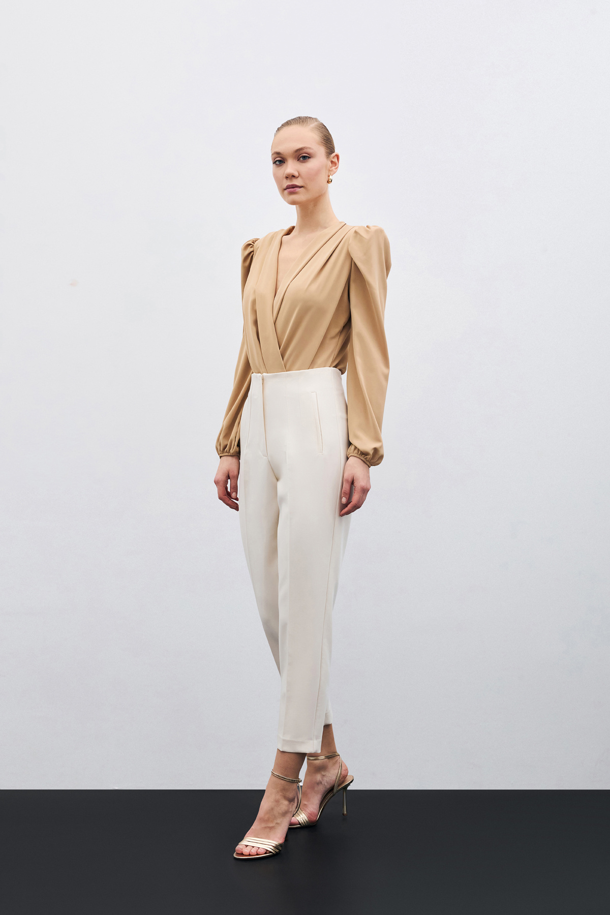 Yüksek Bel Pensli Pantolon - Bej