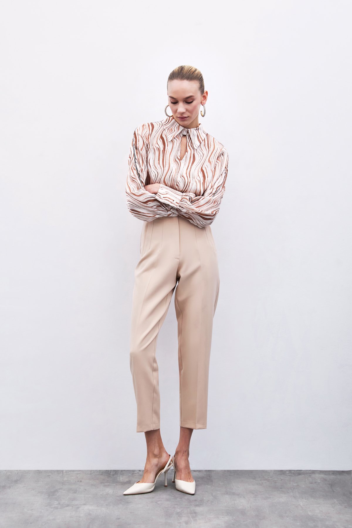 Yüksek Bel Pensli Pantolon - Bej