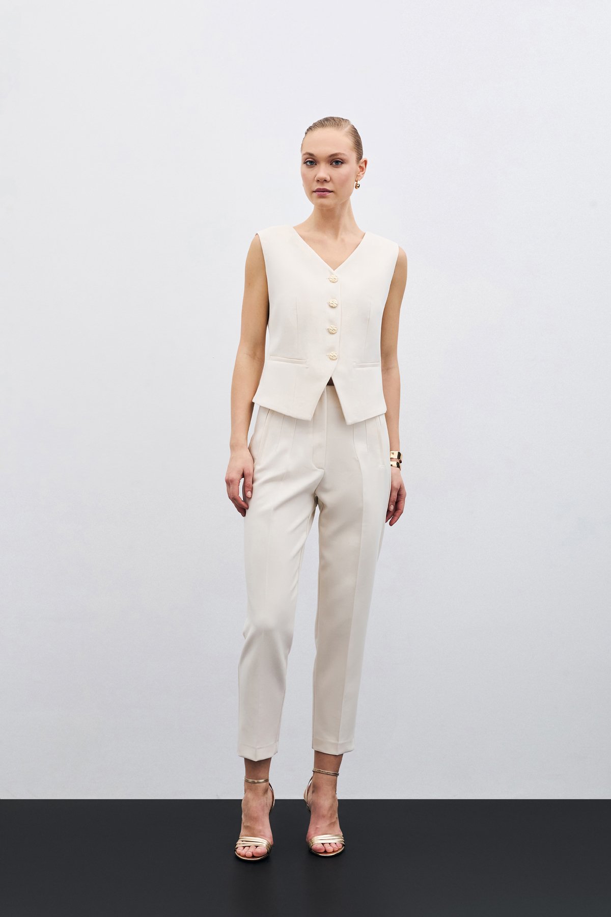 Yüksek Bel Pensli Pantolon - Bej