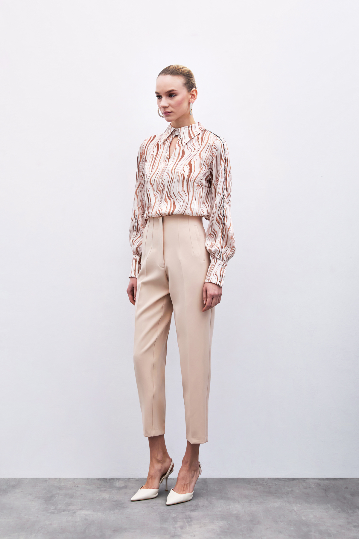 Yüksek Bel Pensli Pantolon - Bej