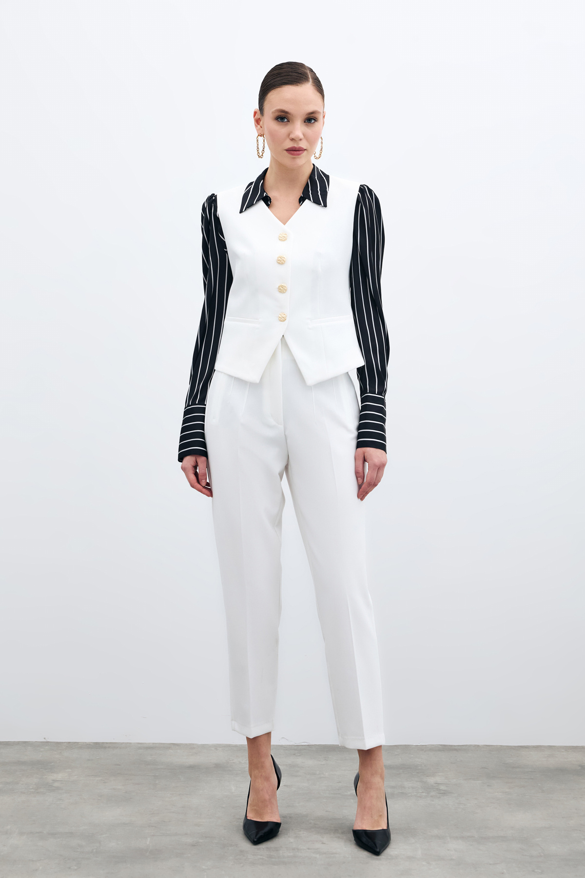 Yüksek Bel Pensli Pantolon - Ekru