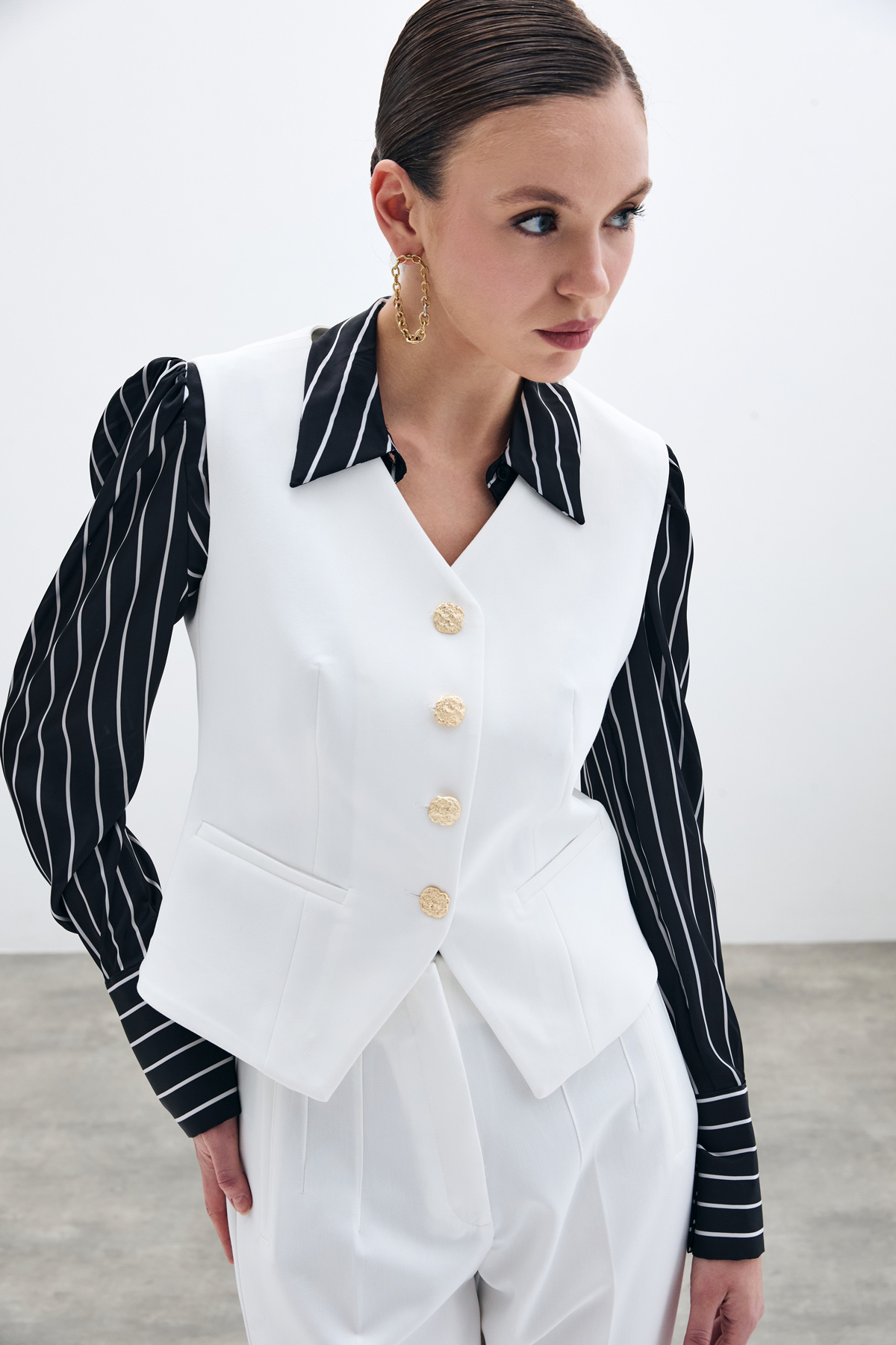 Yüksek Bel Pensli Pantolon - Ekru