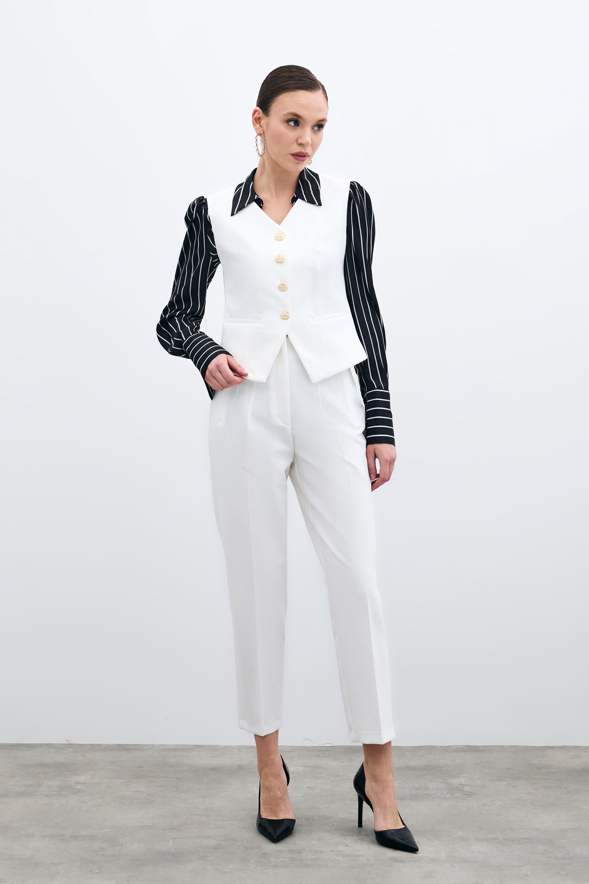 Yüksek Bel Pensli Pantolon - Ekru