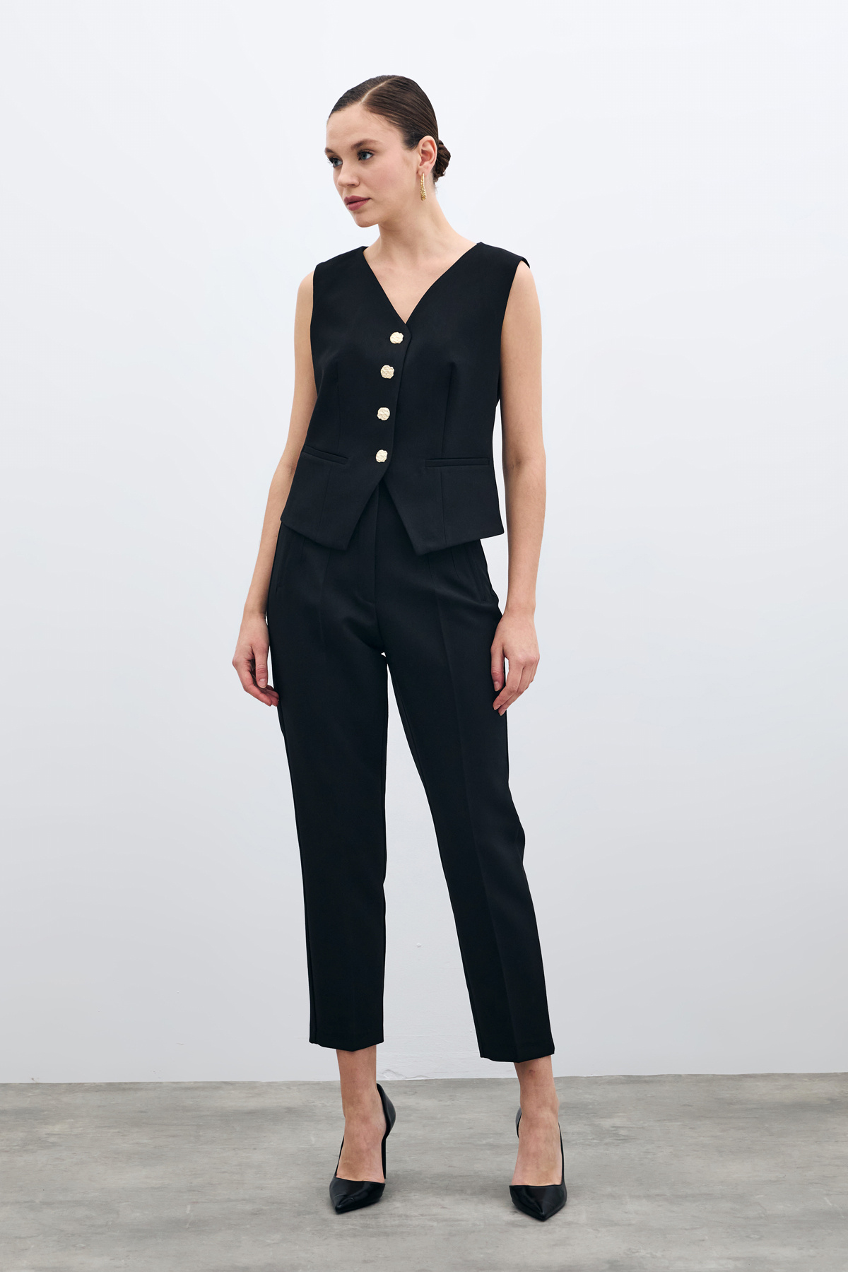 Yüksek Bel Pensli Pantolon - Siyah