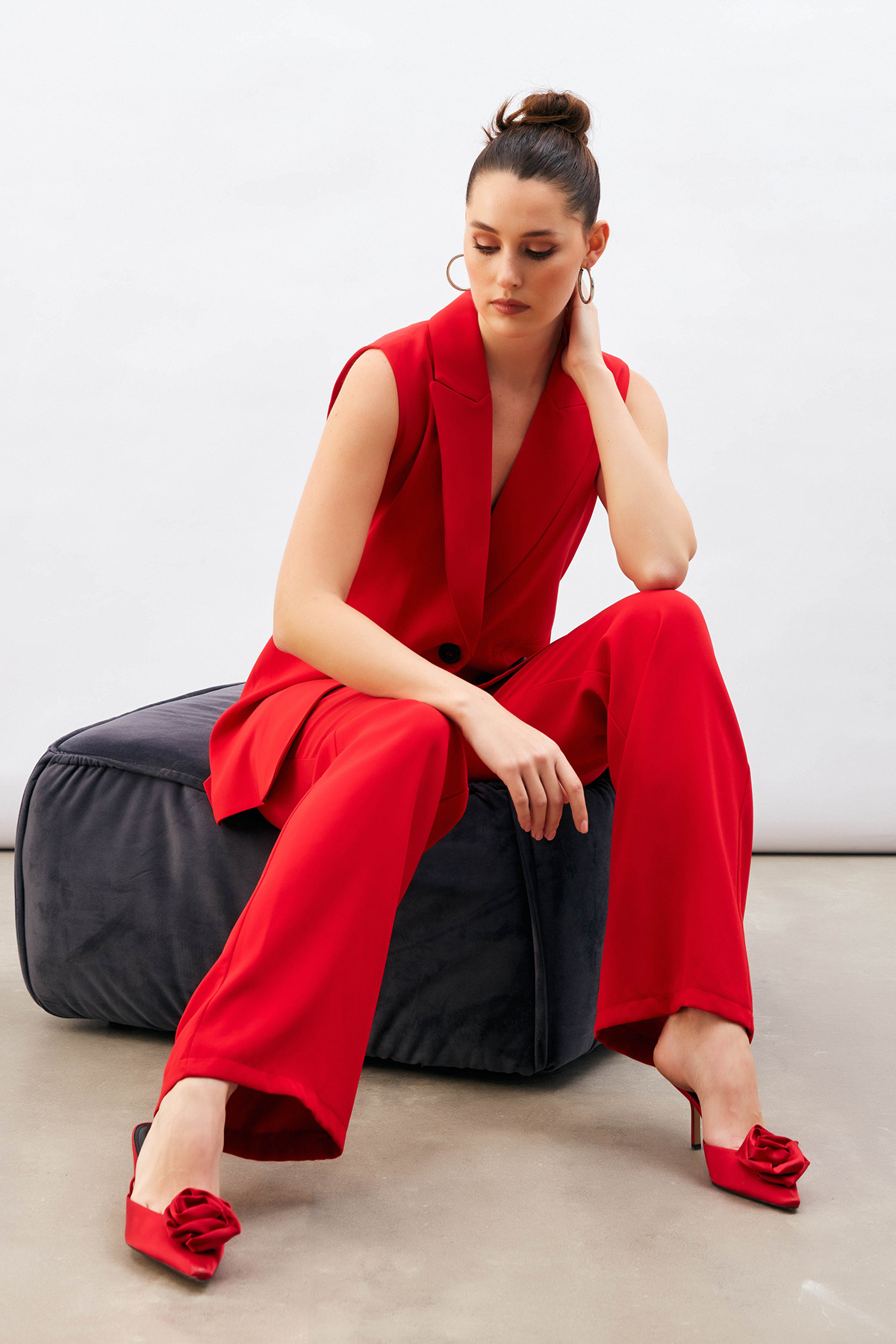 Yüksek Bel Salaş Pantolon - KIRMIZI