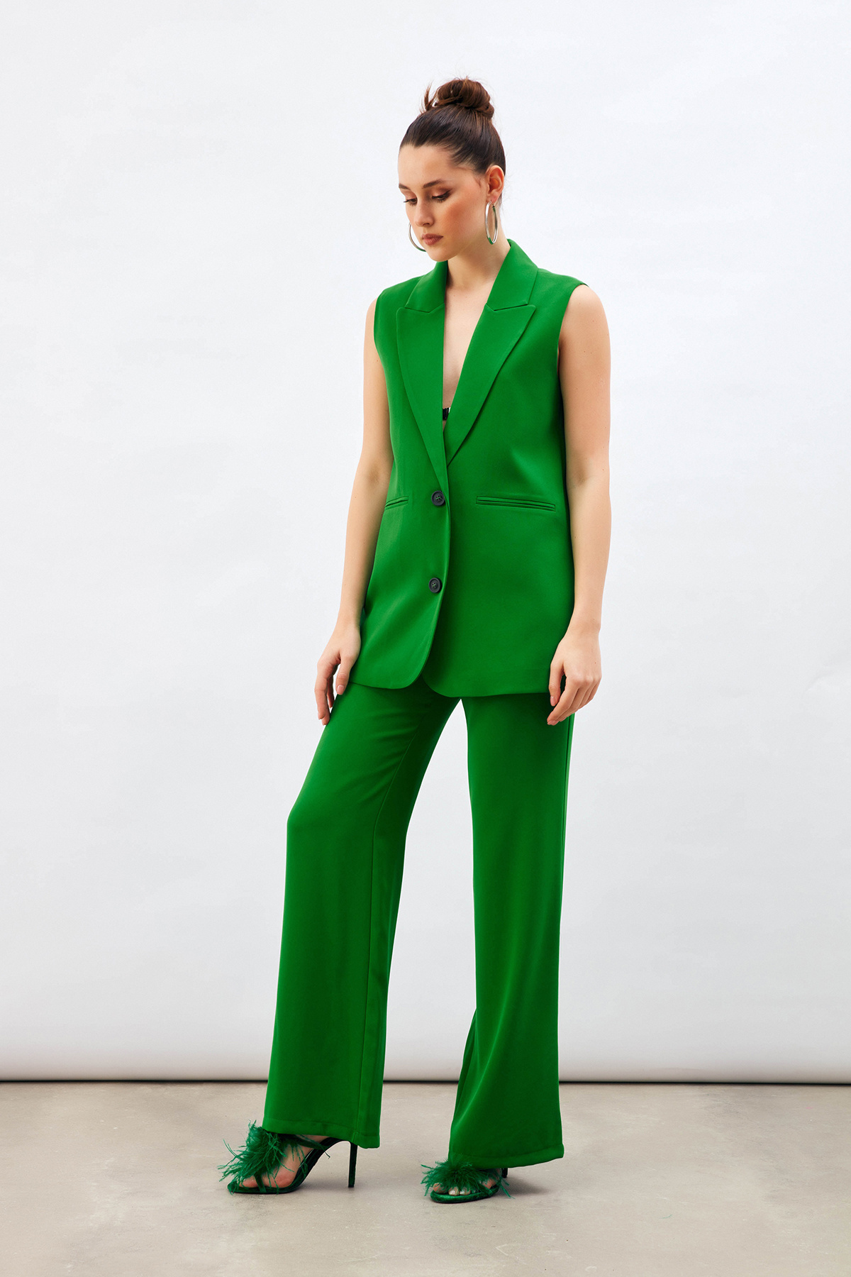 Yüksek Bel Salaş Pantolon - YEŞİL