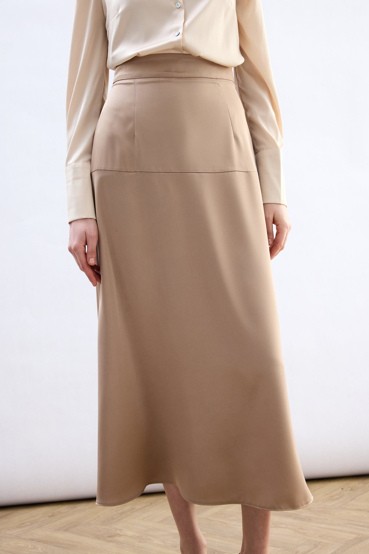 Yüksek Bel Saten Etek - Bej