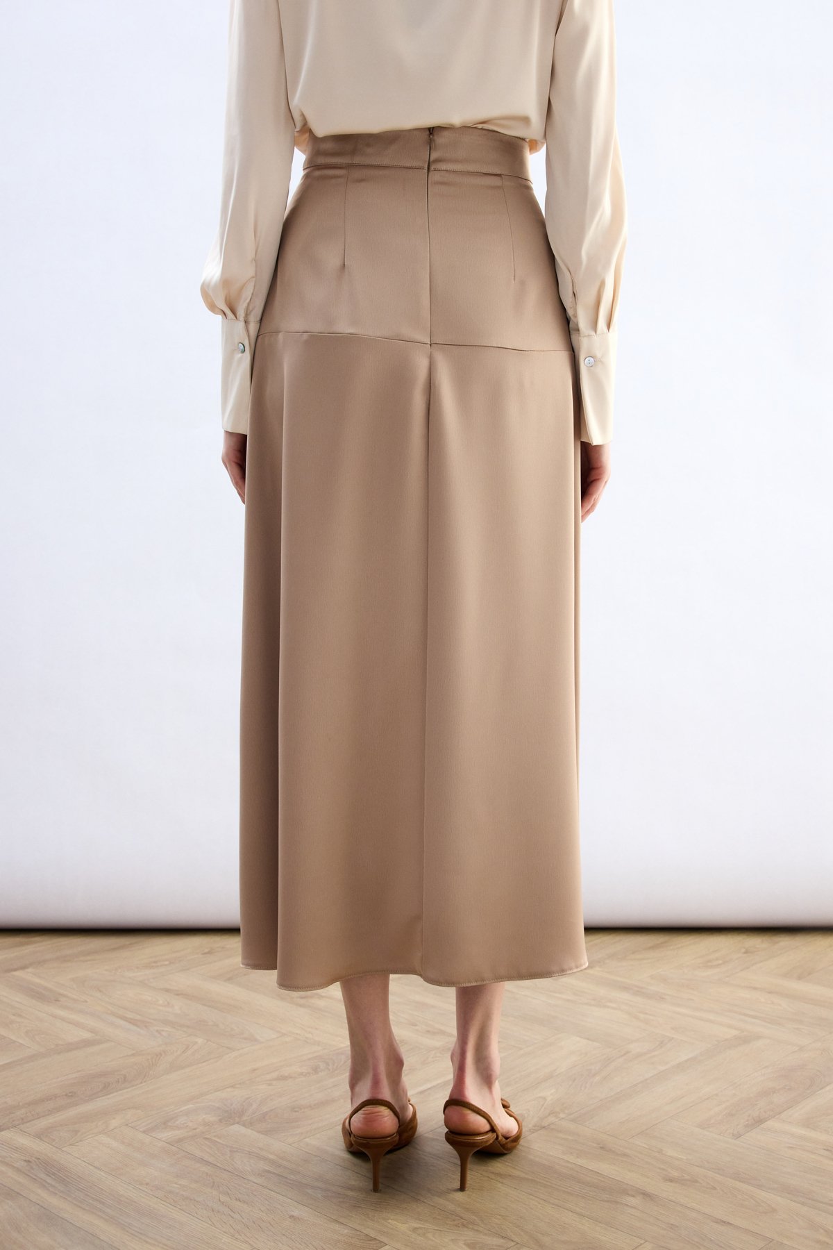Yüksek Bel Saten Etek - Bej