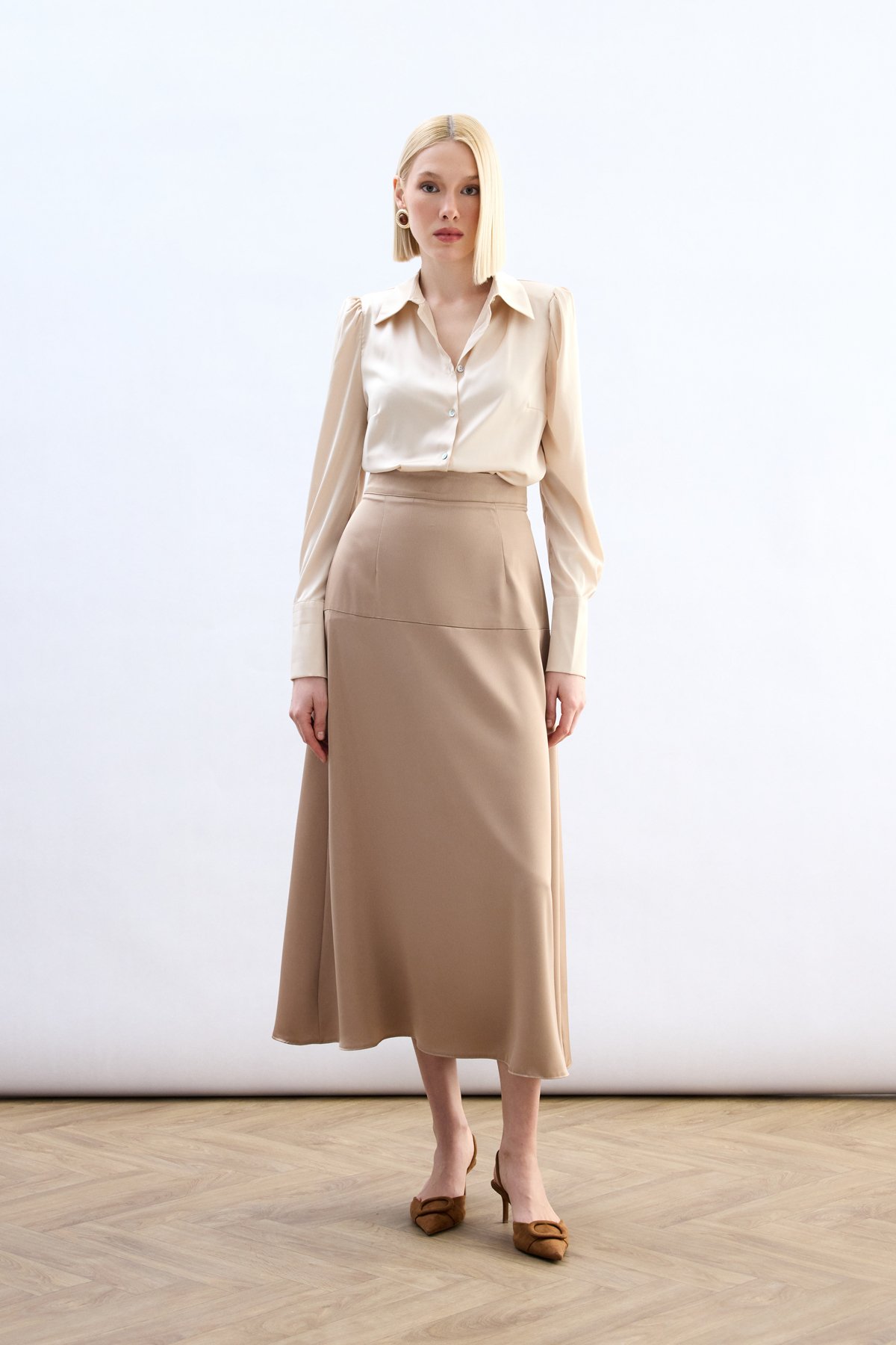 Yüksek Bel Saten Etek - Bej