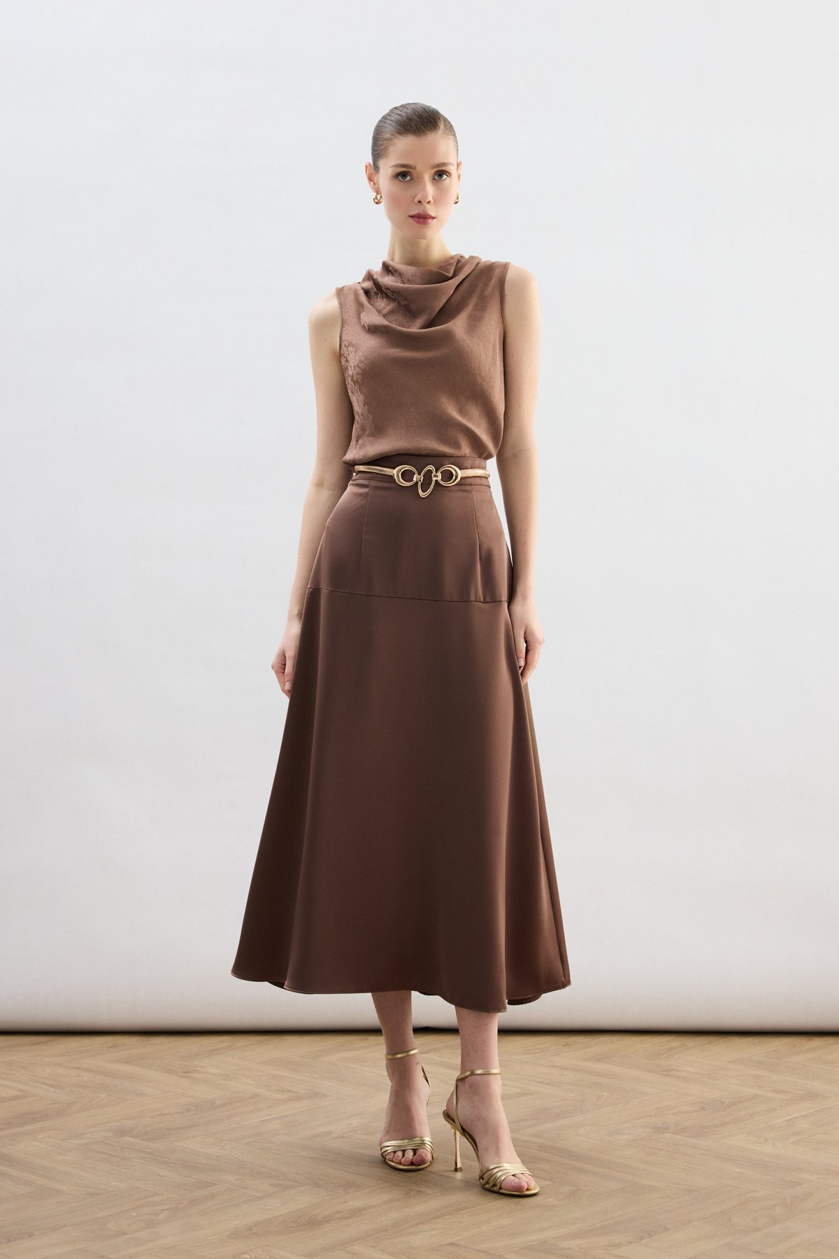 Yüksek Bel Saten Etek - Kahve