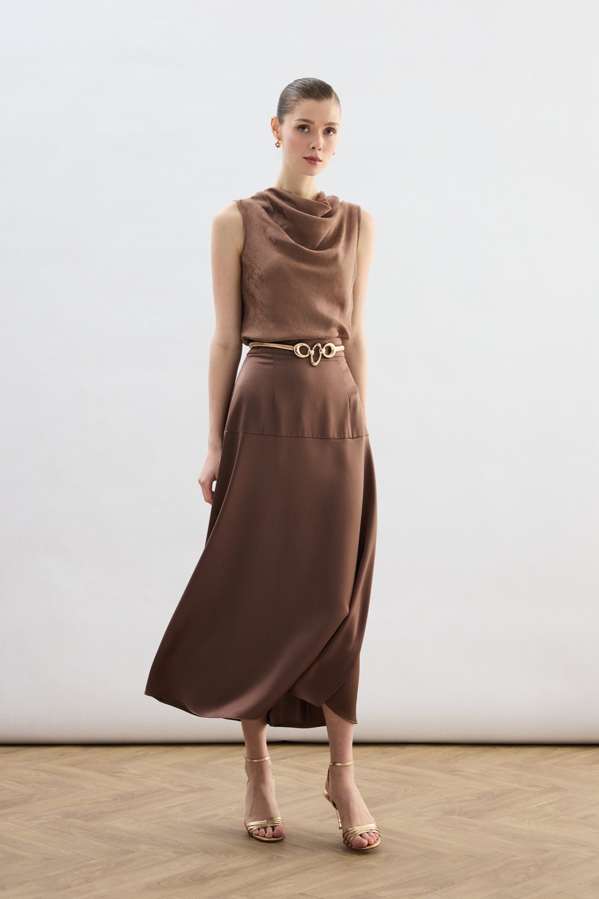 Yüksek Bel Saten Etek - Kahve