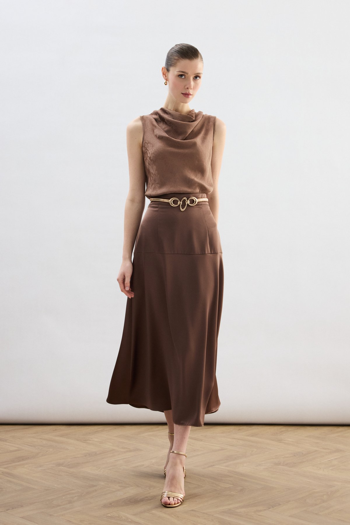 Yüksek Bel Saten Etek - Kahve