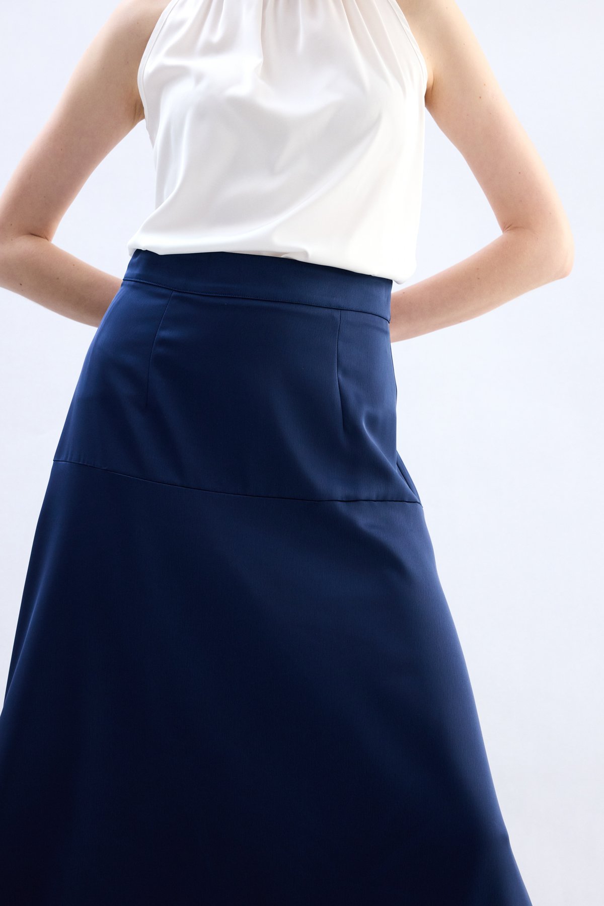 Yüksek Bel Saten Etek - Lacivert