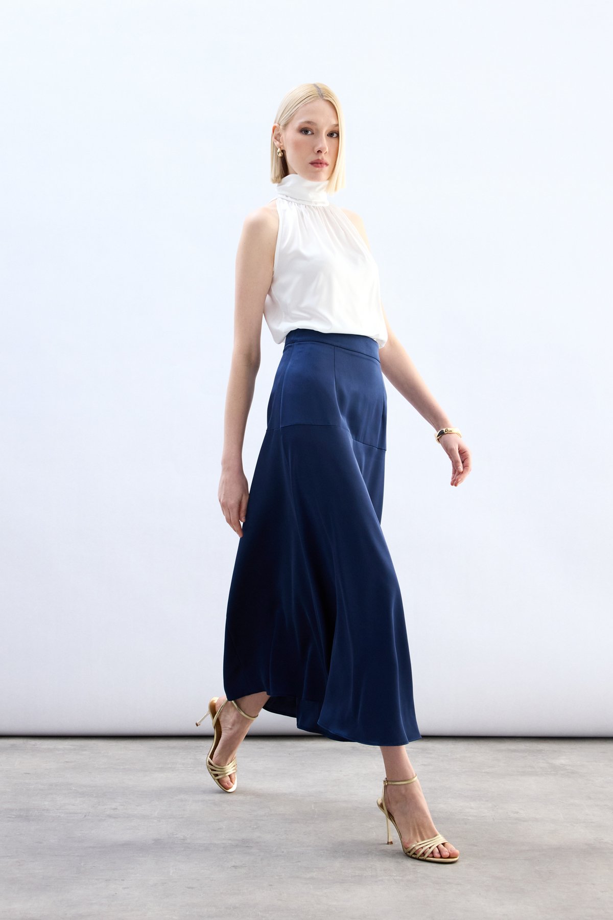 Yüksek Bel Saten Etek - Lacivert