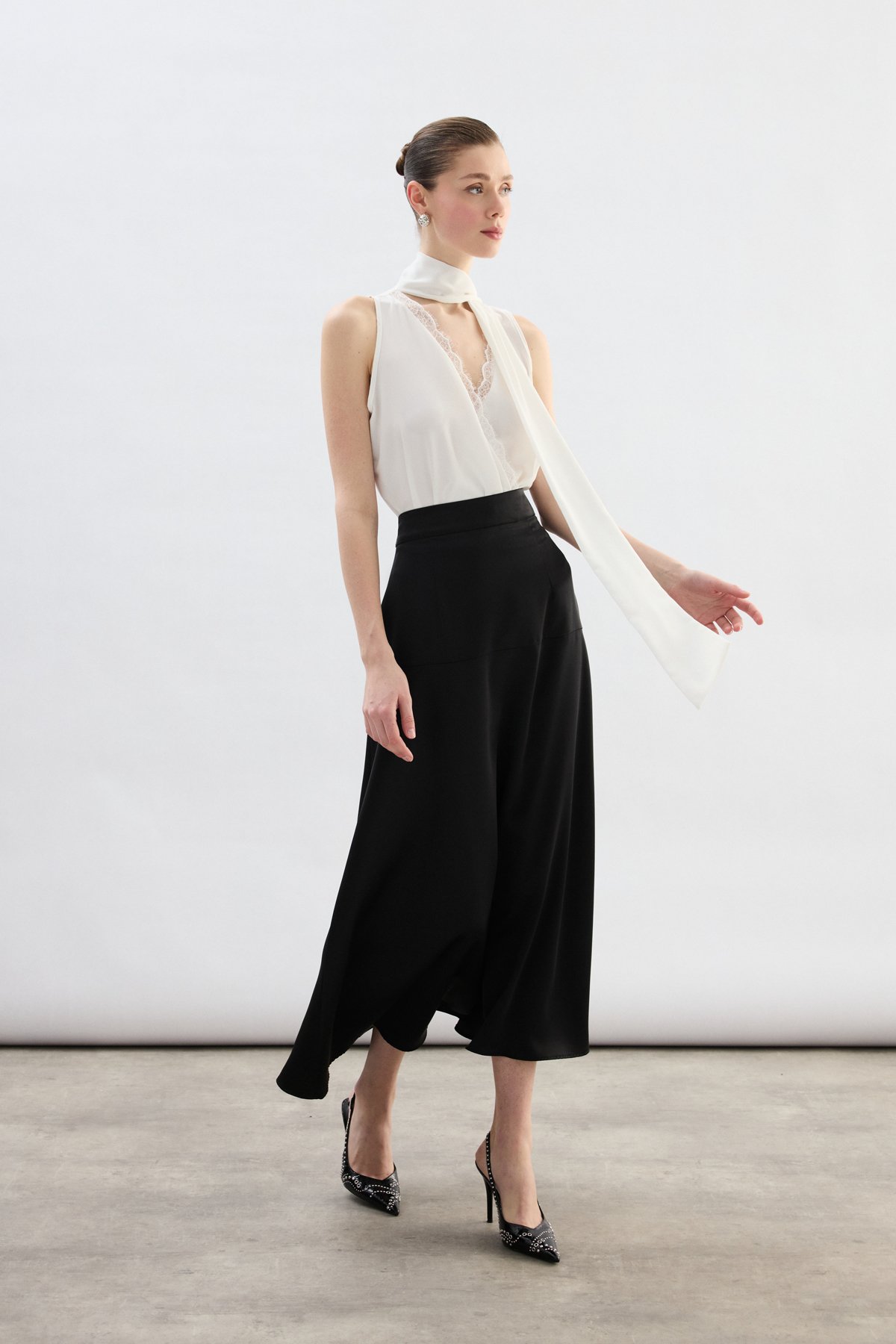 Yüksek Bel Saten Etek - Siyah