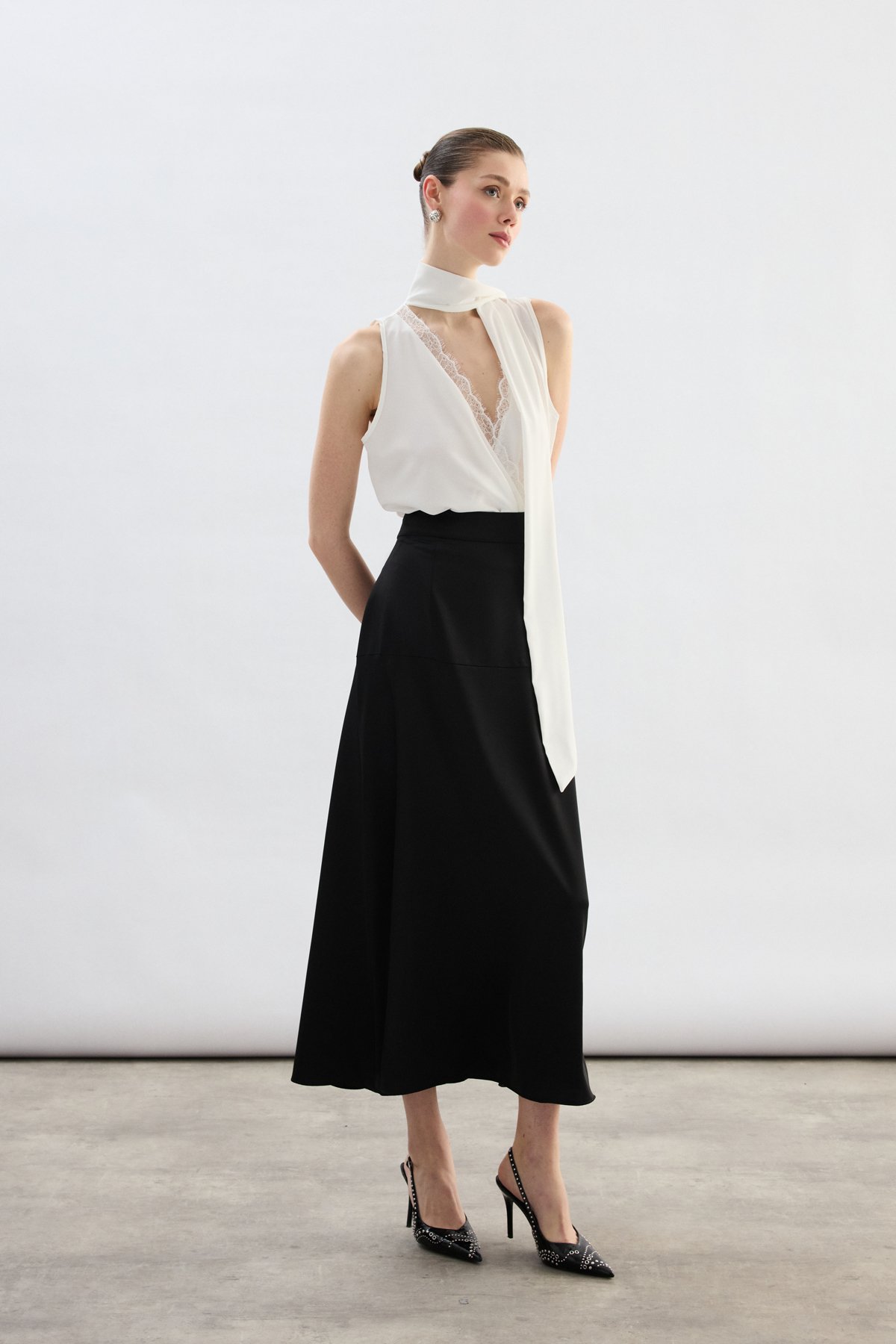 Yüksek Bel Saten Etek - Siyah