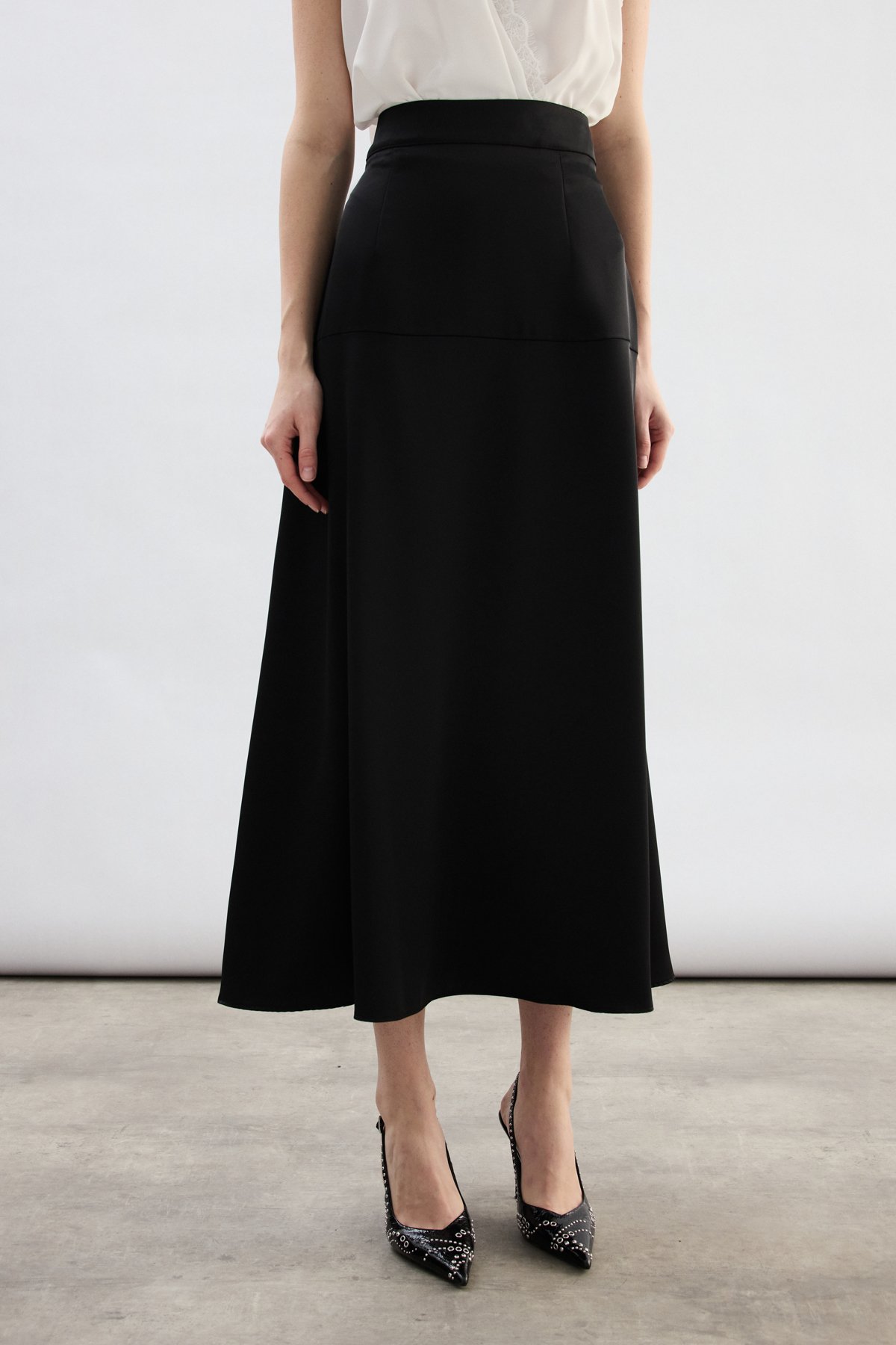 Yüksek Bel Saten Etek - Siyah