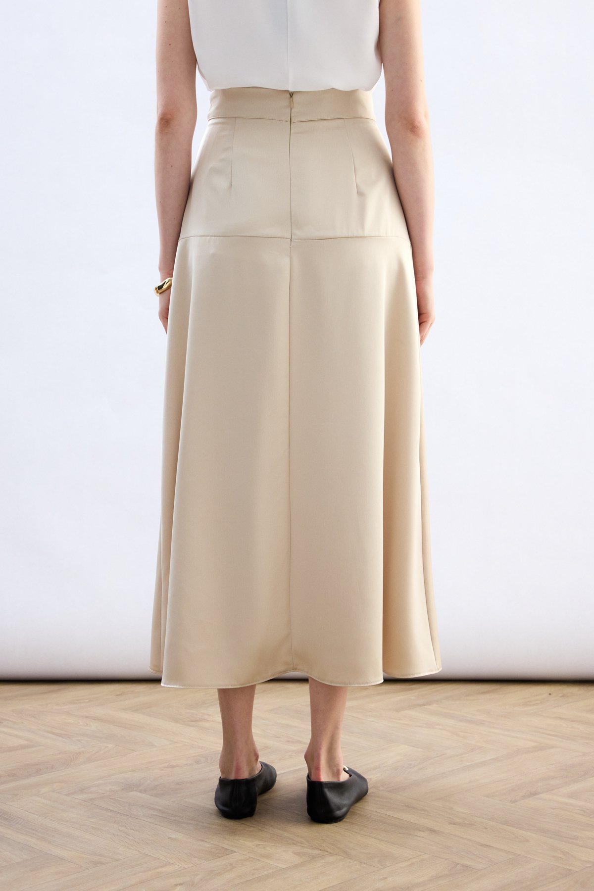 Yüksek Bel Saten Etek - Taş