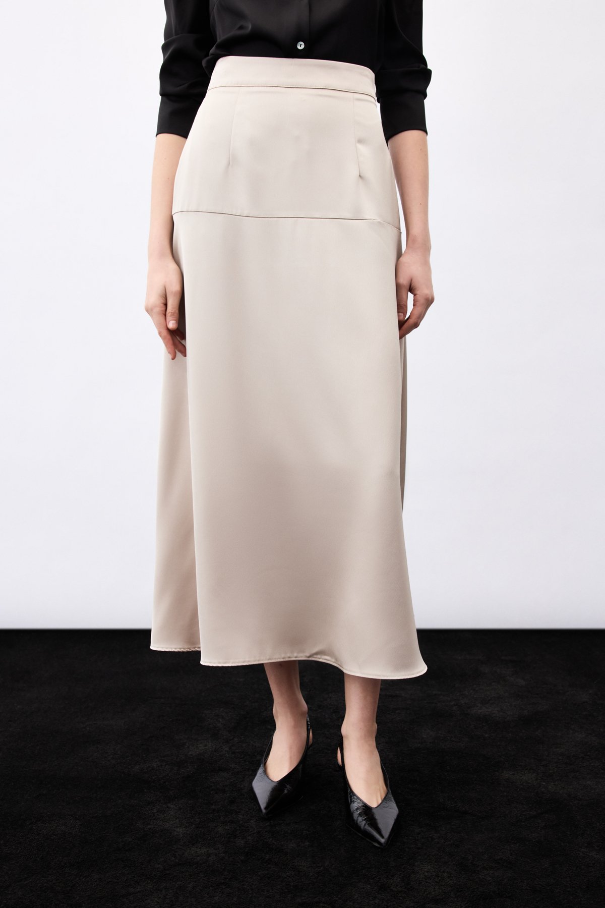 Yüksek Bel Saten Etek - Vizon