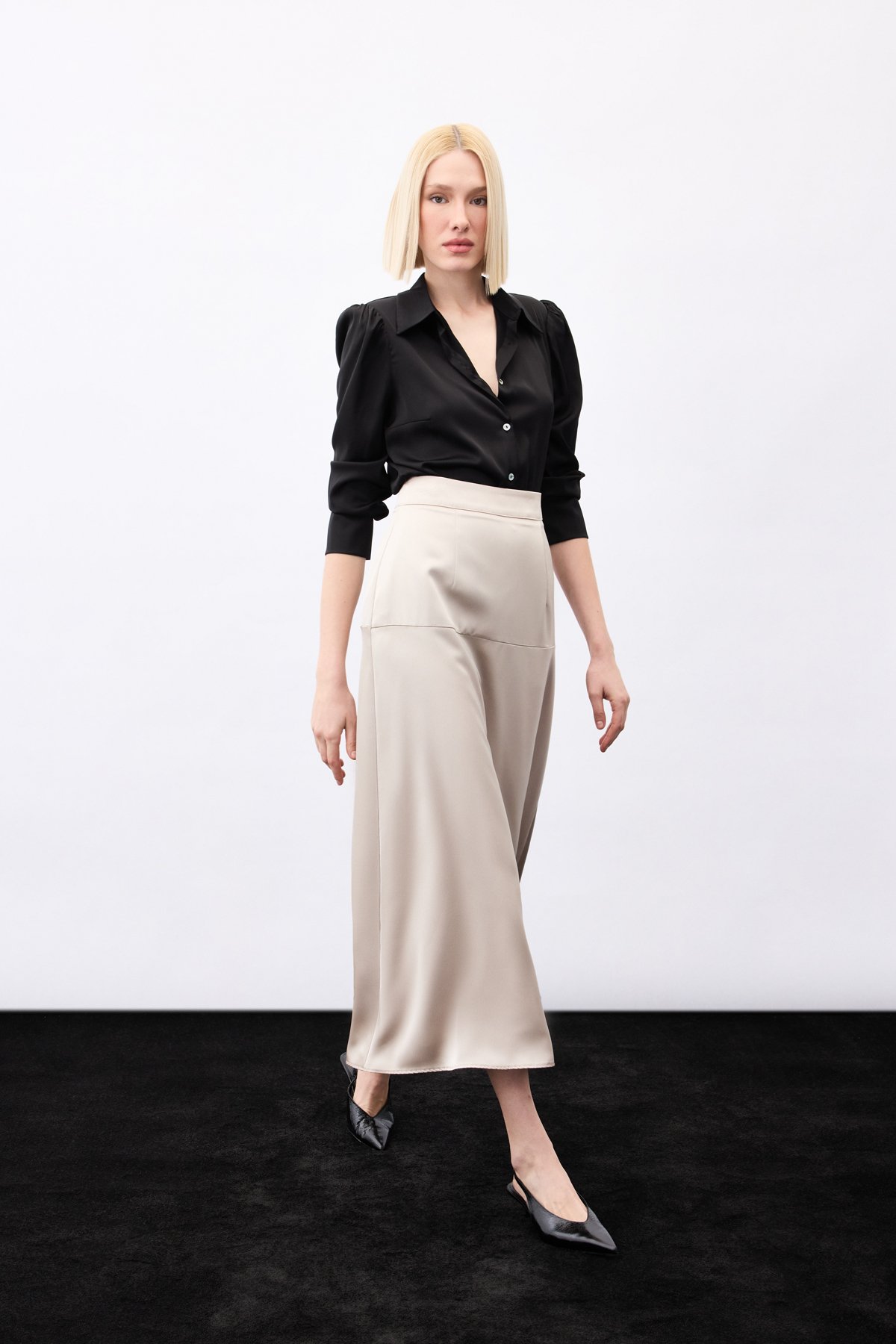 Yüksek Bel Saten Etek - Vizon