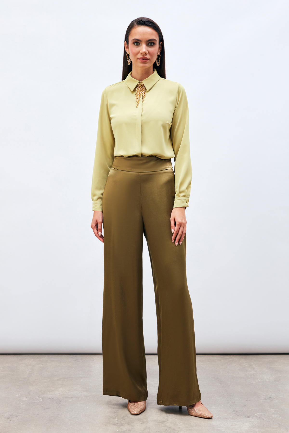 High Waist Satin Trousers - KKHAKI