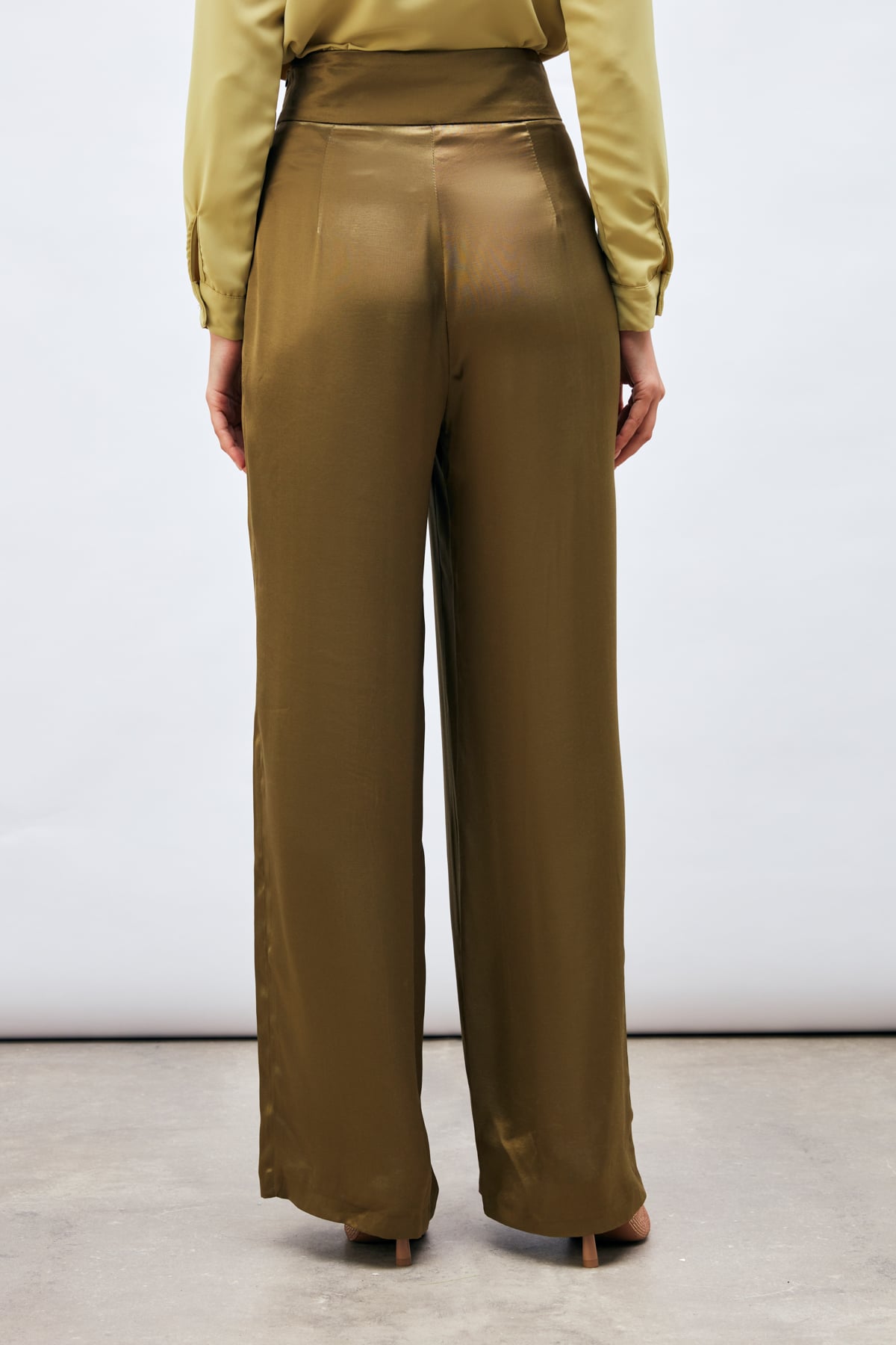 High Waist Satin Trousers - KKHAKI