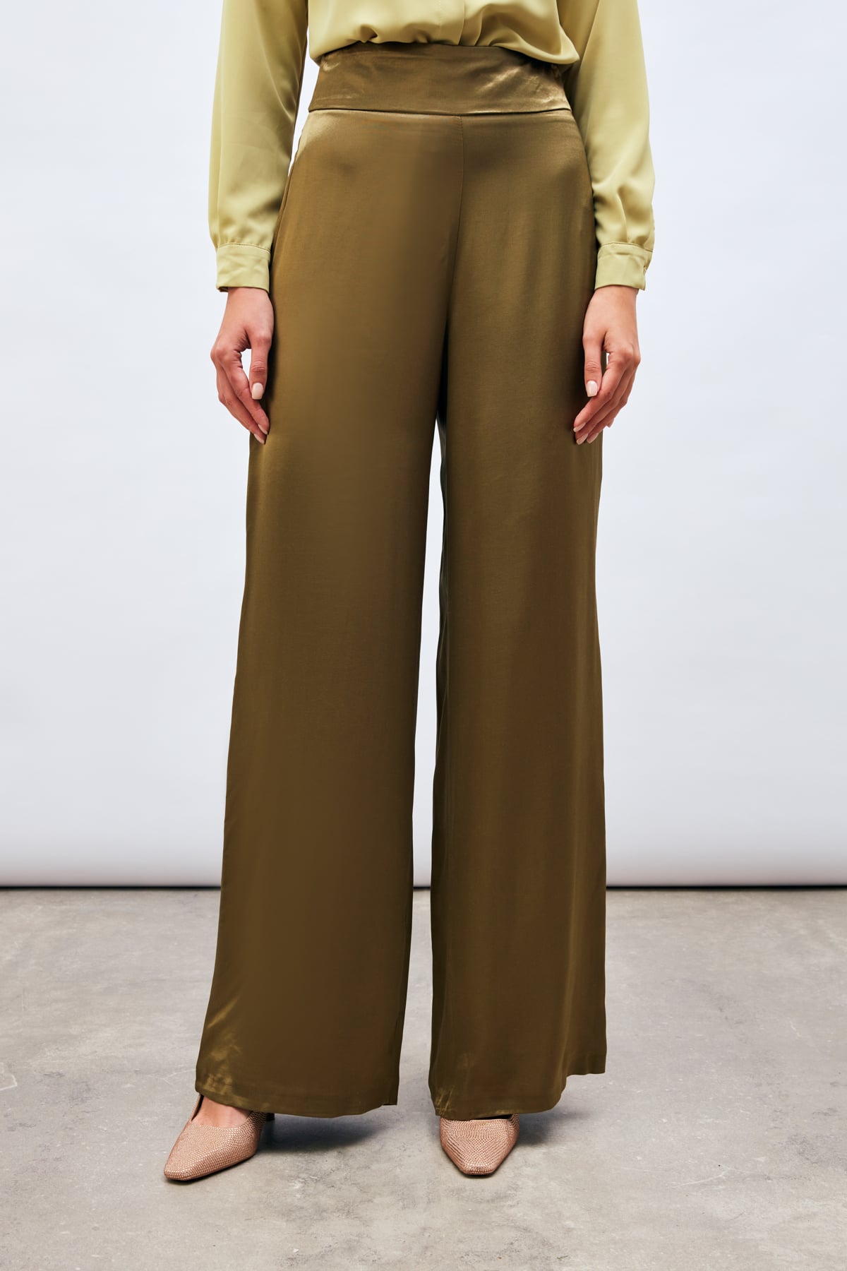 High Waist Satin Trousers - KKHAKI