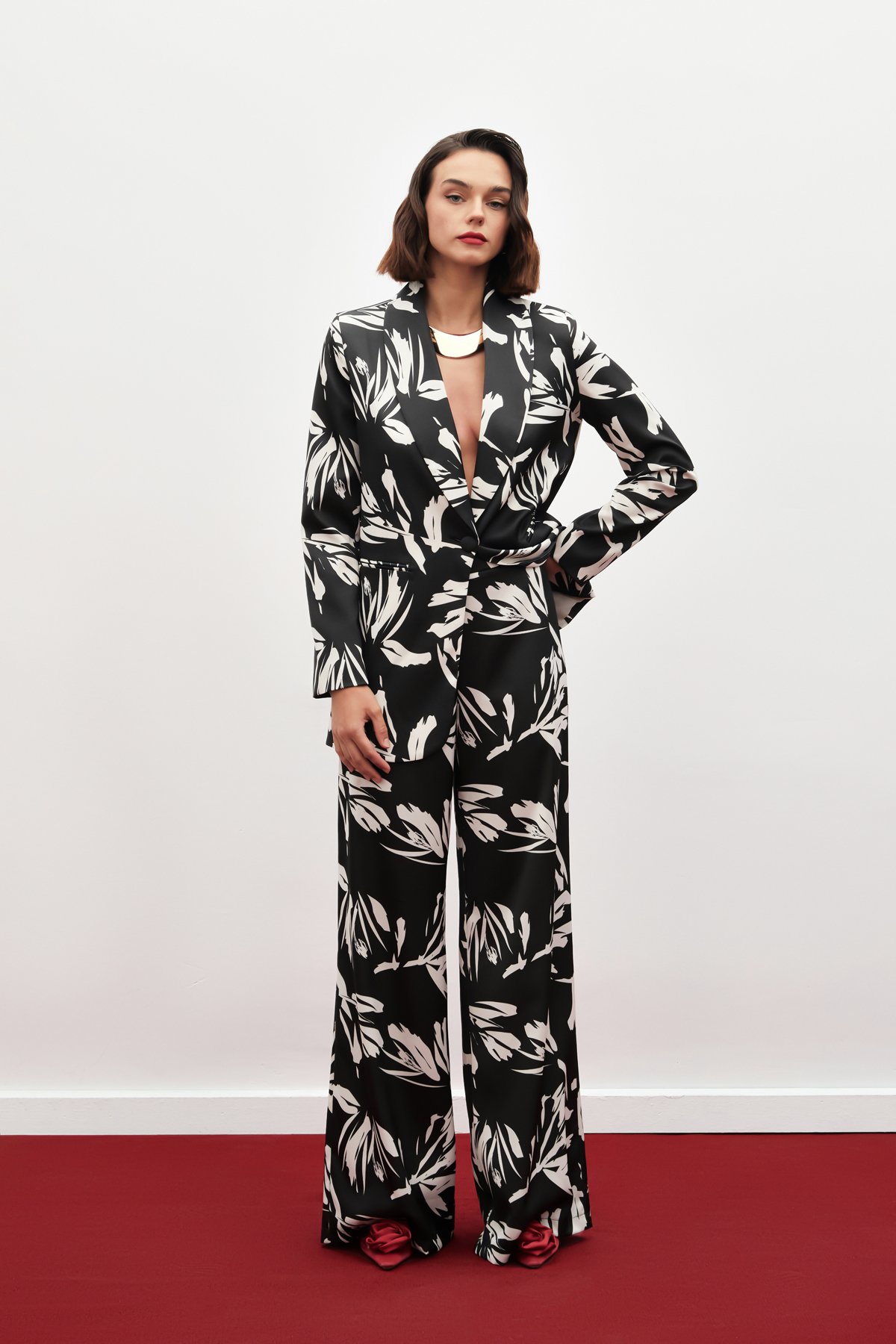 High Waist Satin Trousers - BLACK
