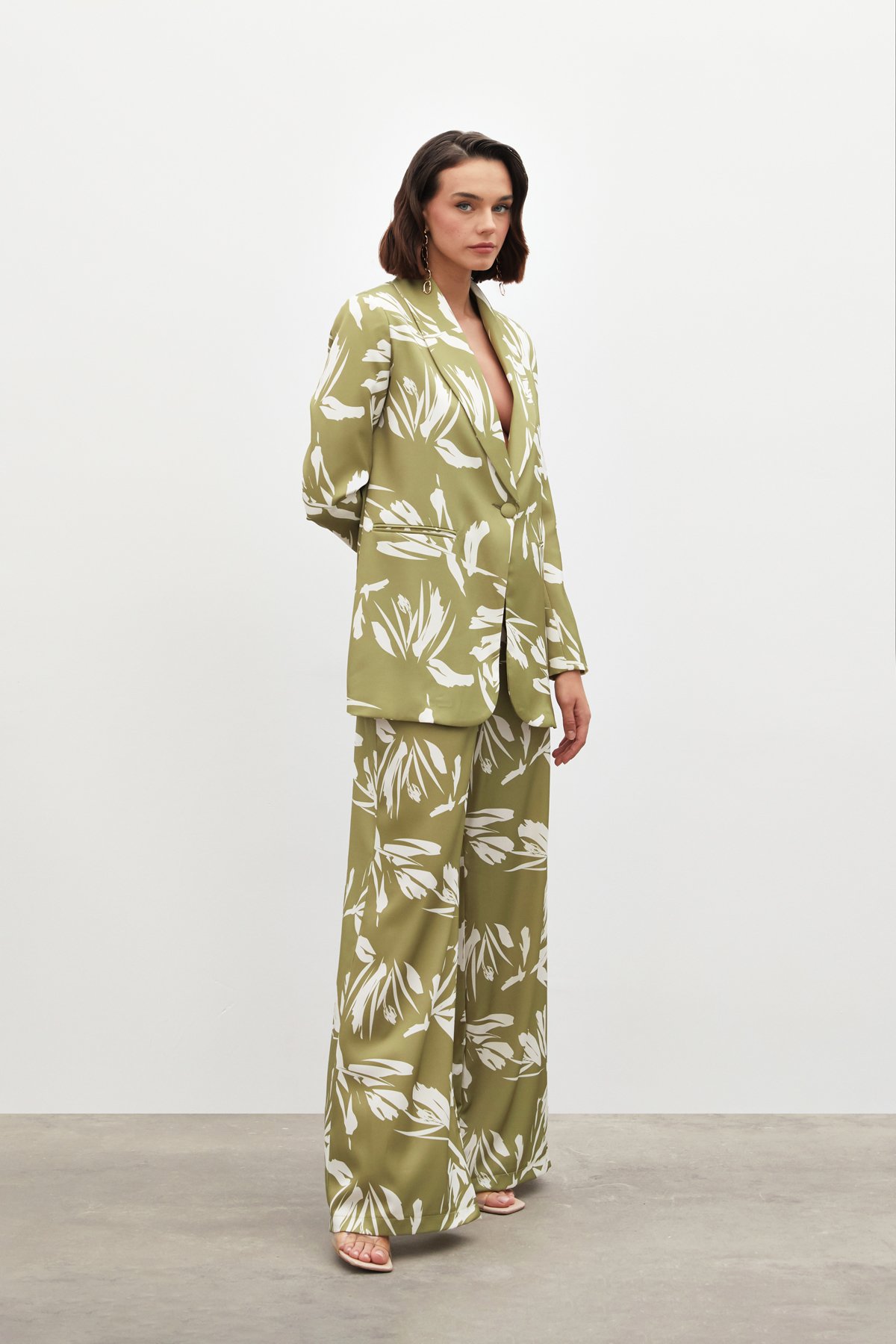 Yüksek Bel Saten Pantolon - YAĞ YEŞİLİ