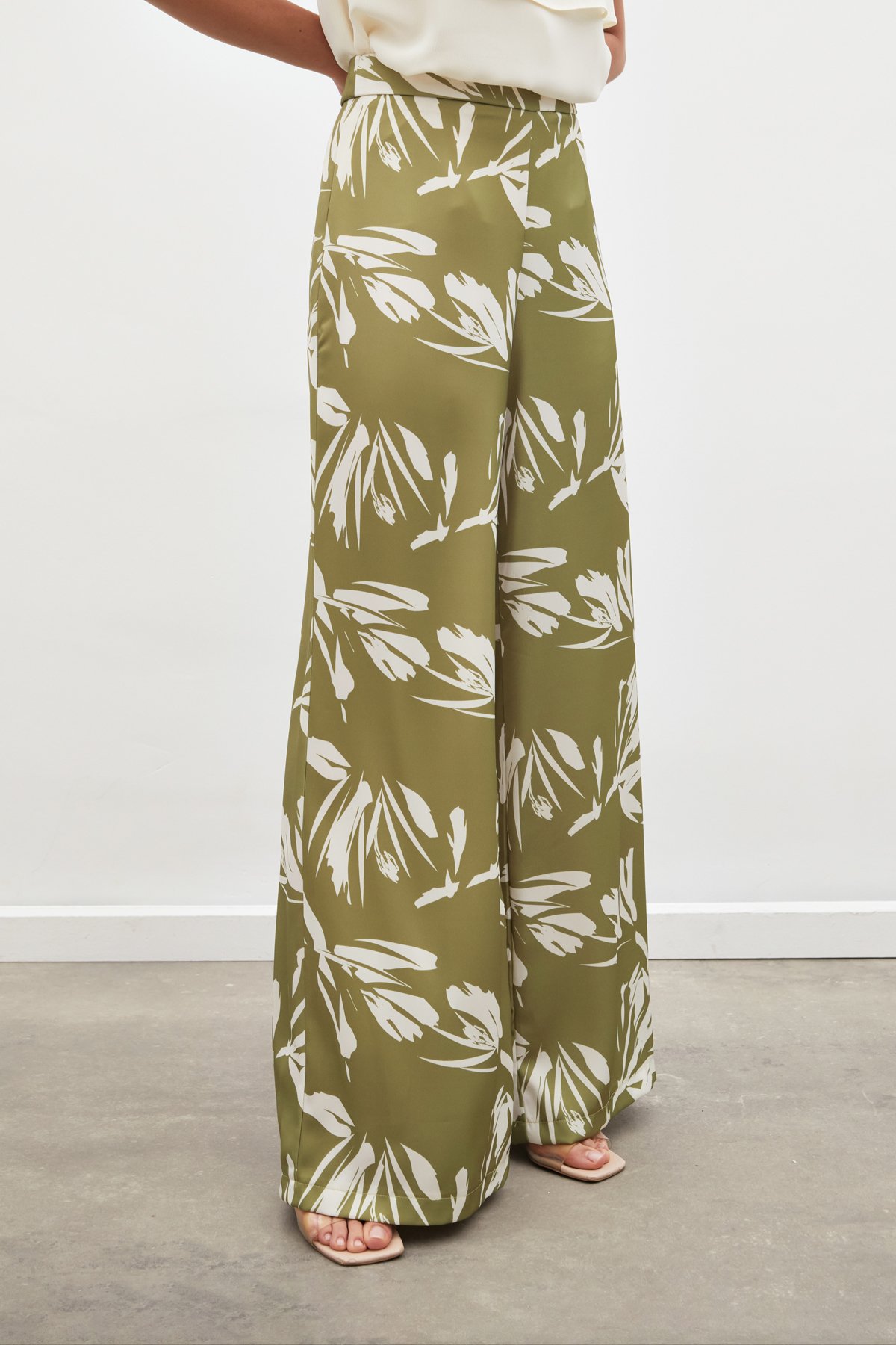 Yüksek Bel Saten Pantolon - YAĞ YEŞİLİ