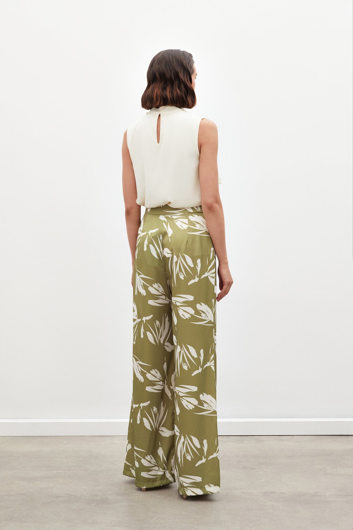 Yüksek Bel Saten Pantolon - YAĞ YEŞİLİ