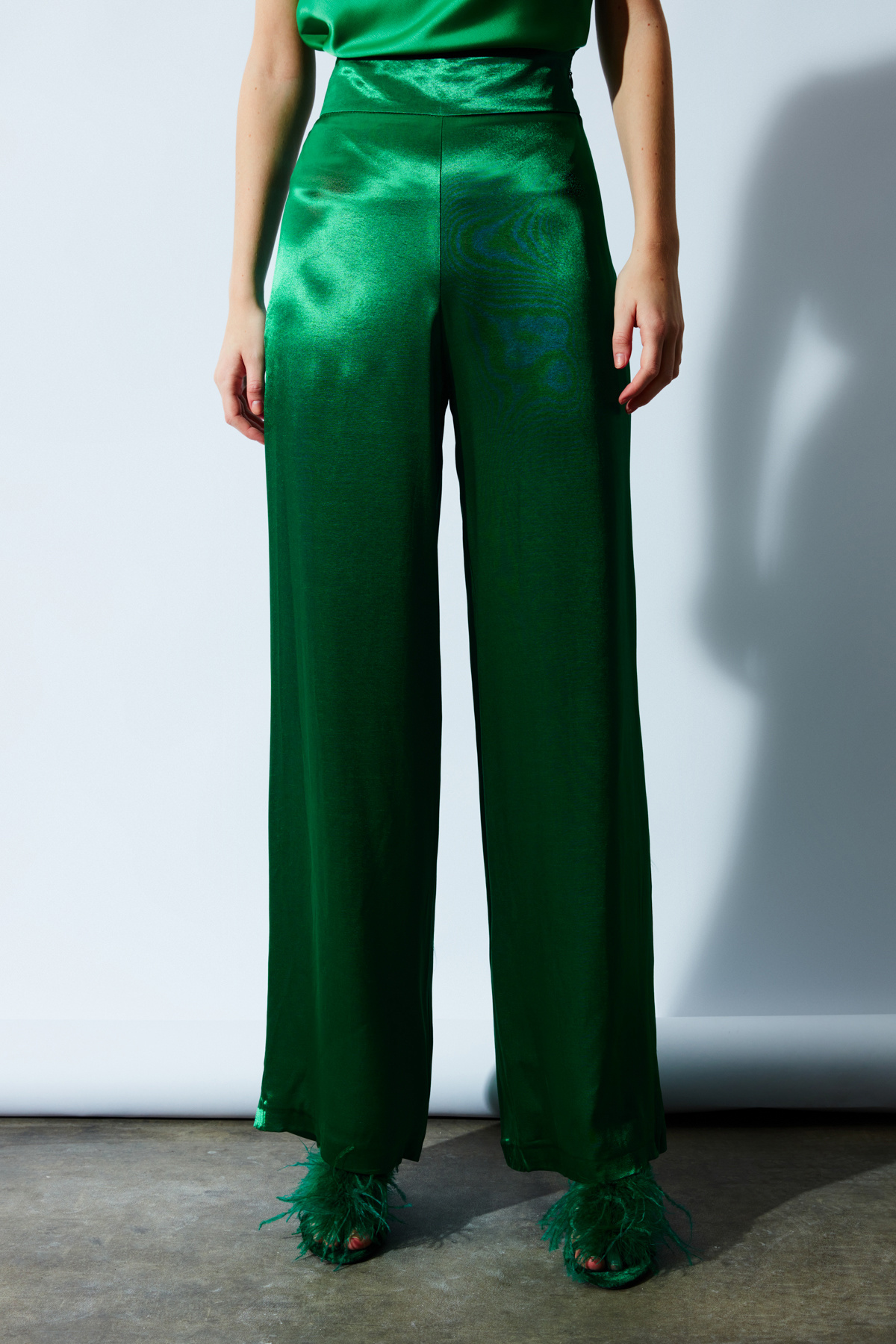 Yüksek Bel Saten Pantolon - ZÜMRÜT