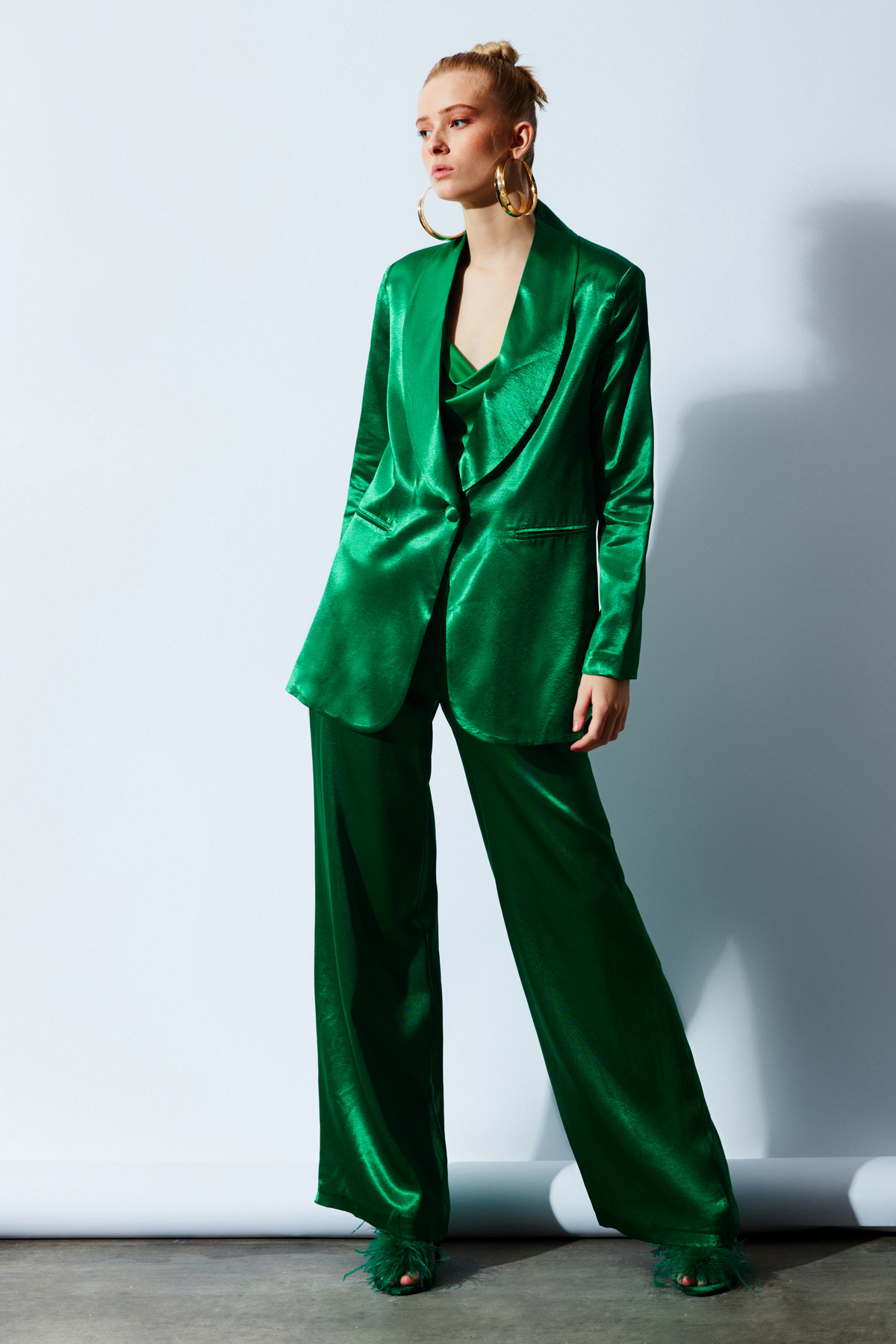 Yüksek Bel Saten Pantolon - ZÜMRÜT