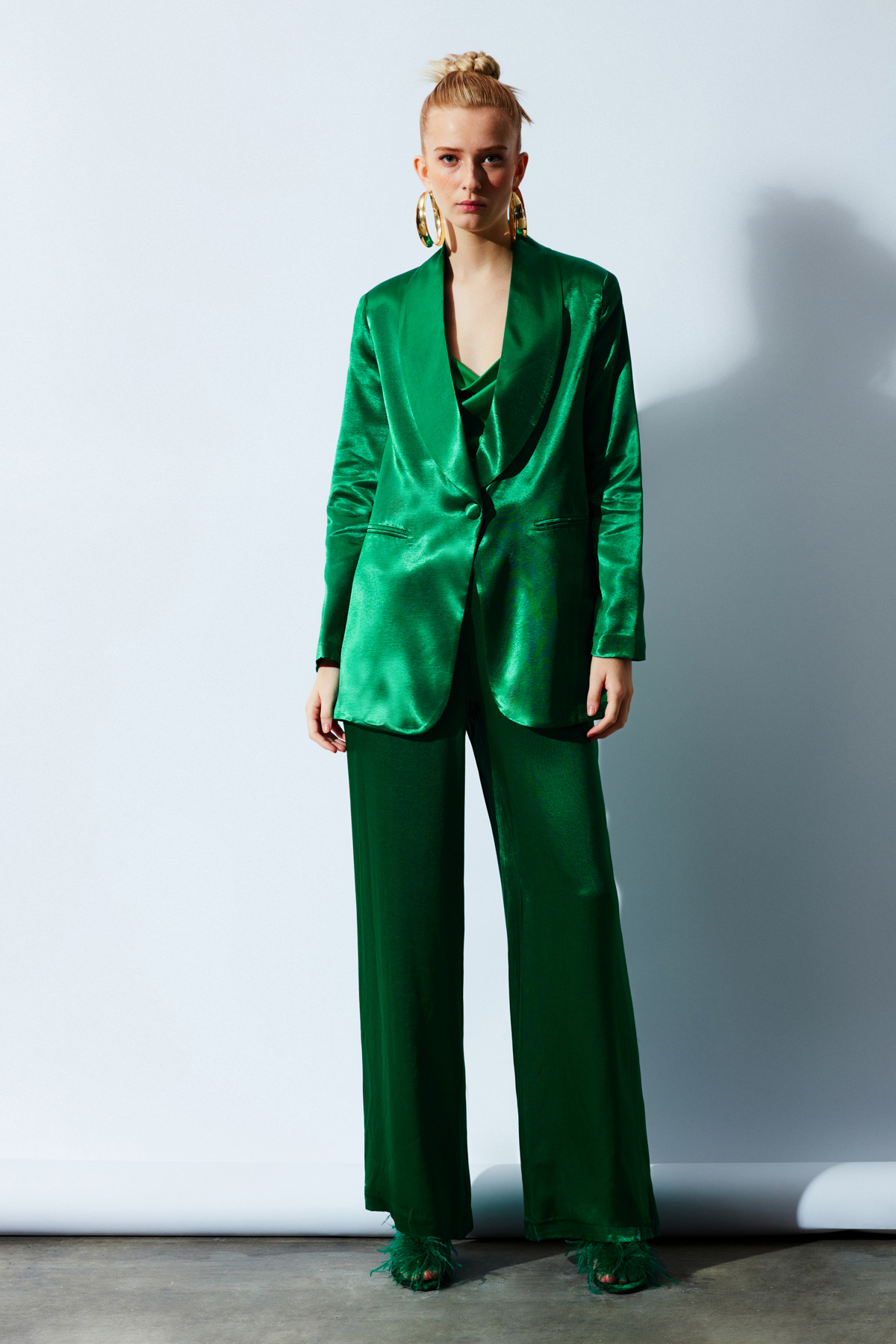 Yüksek Bel Saten Pantolon - ZÜMRÜT