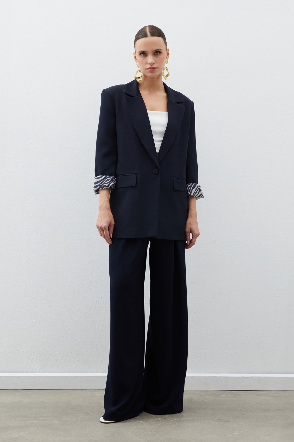 Zebra Astarlı Uzun Ceket - LACİVERT