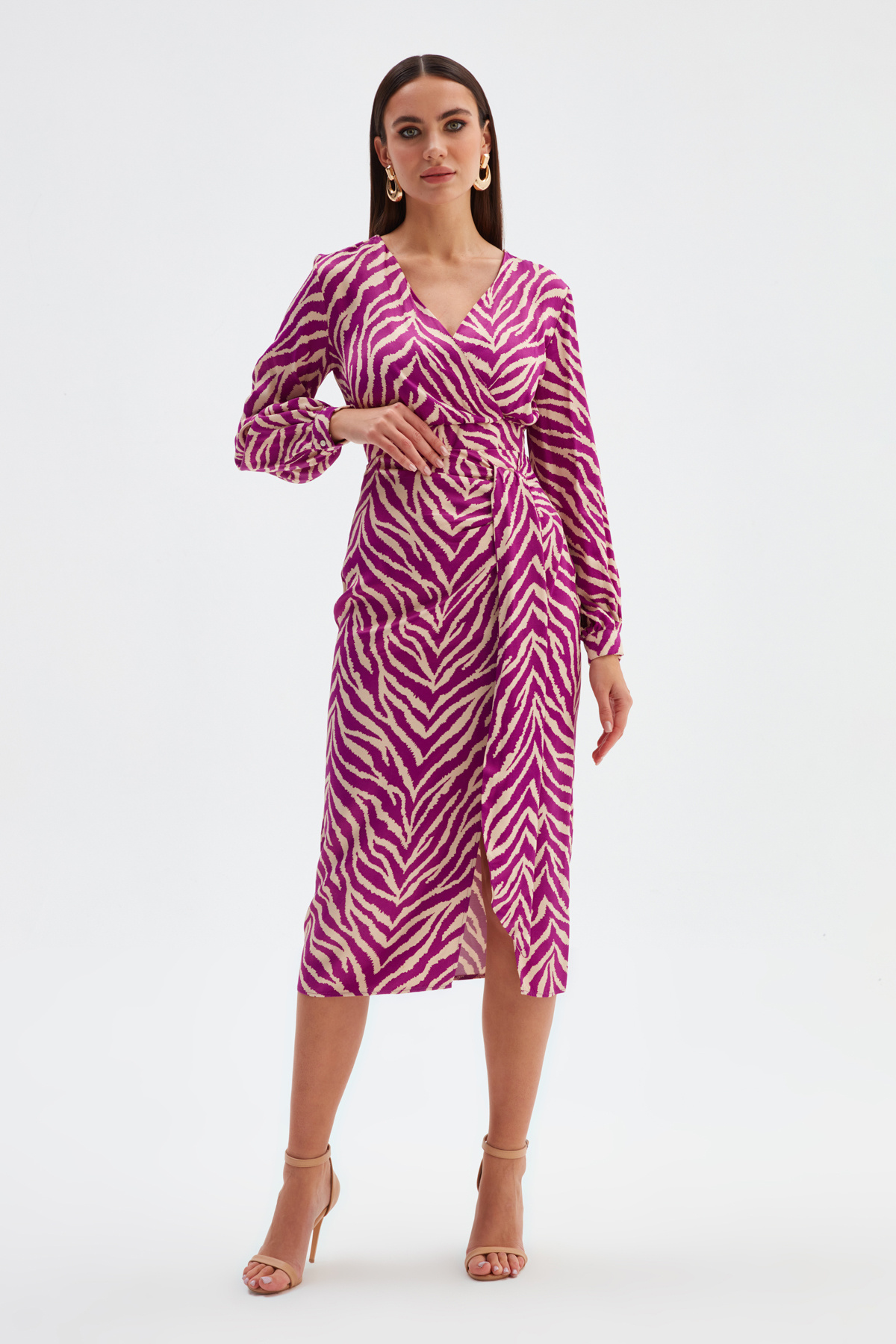 Zebra desenli detaylı saten etek - FUŞYA