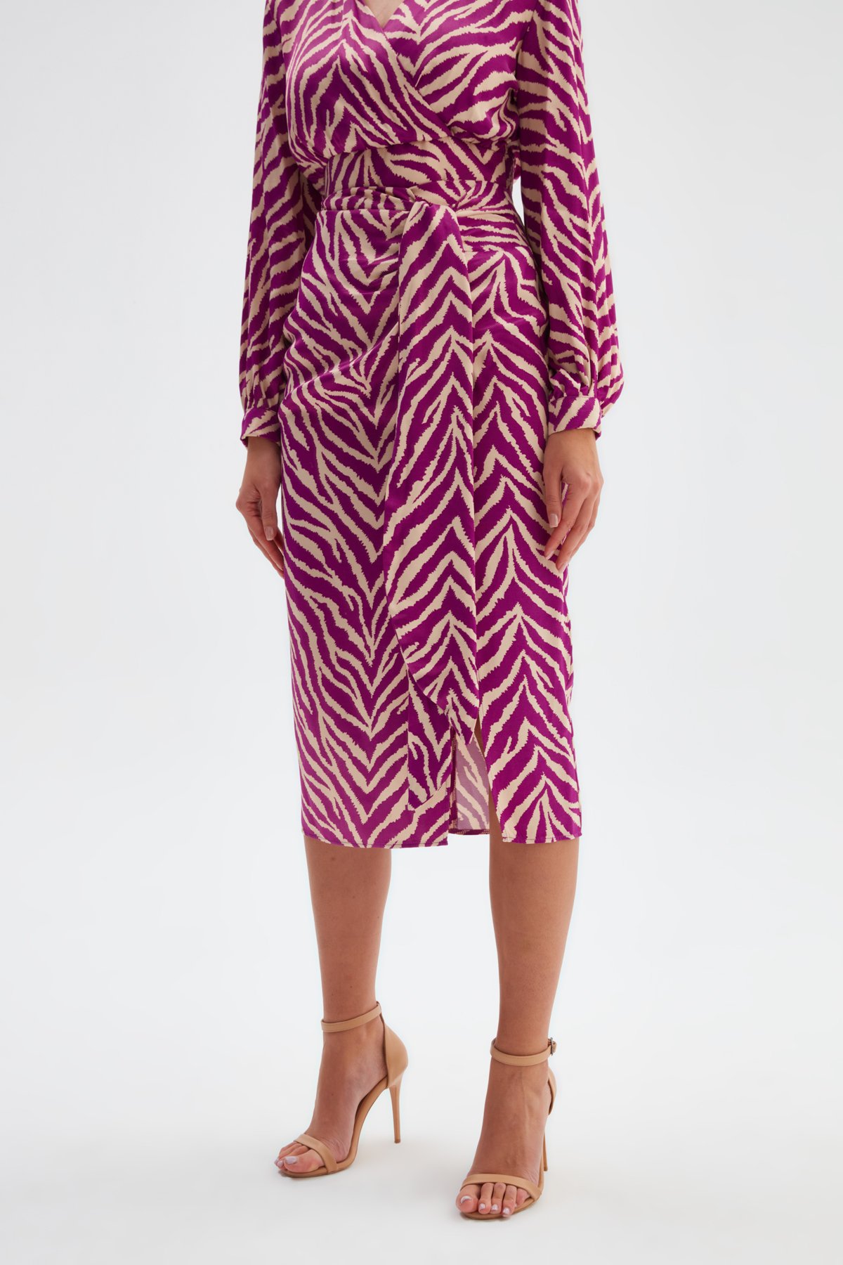 Zebra desenli detaylı saten etek - FUŞYA