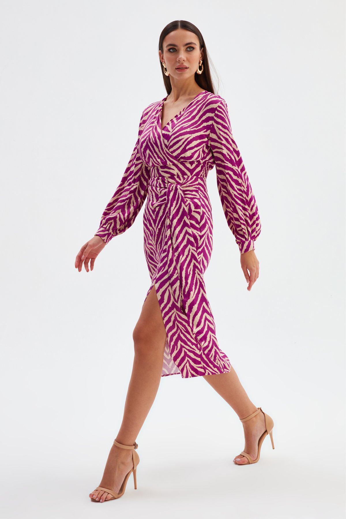 Zebra desenli detaylı saten etek - FUŞYA