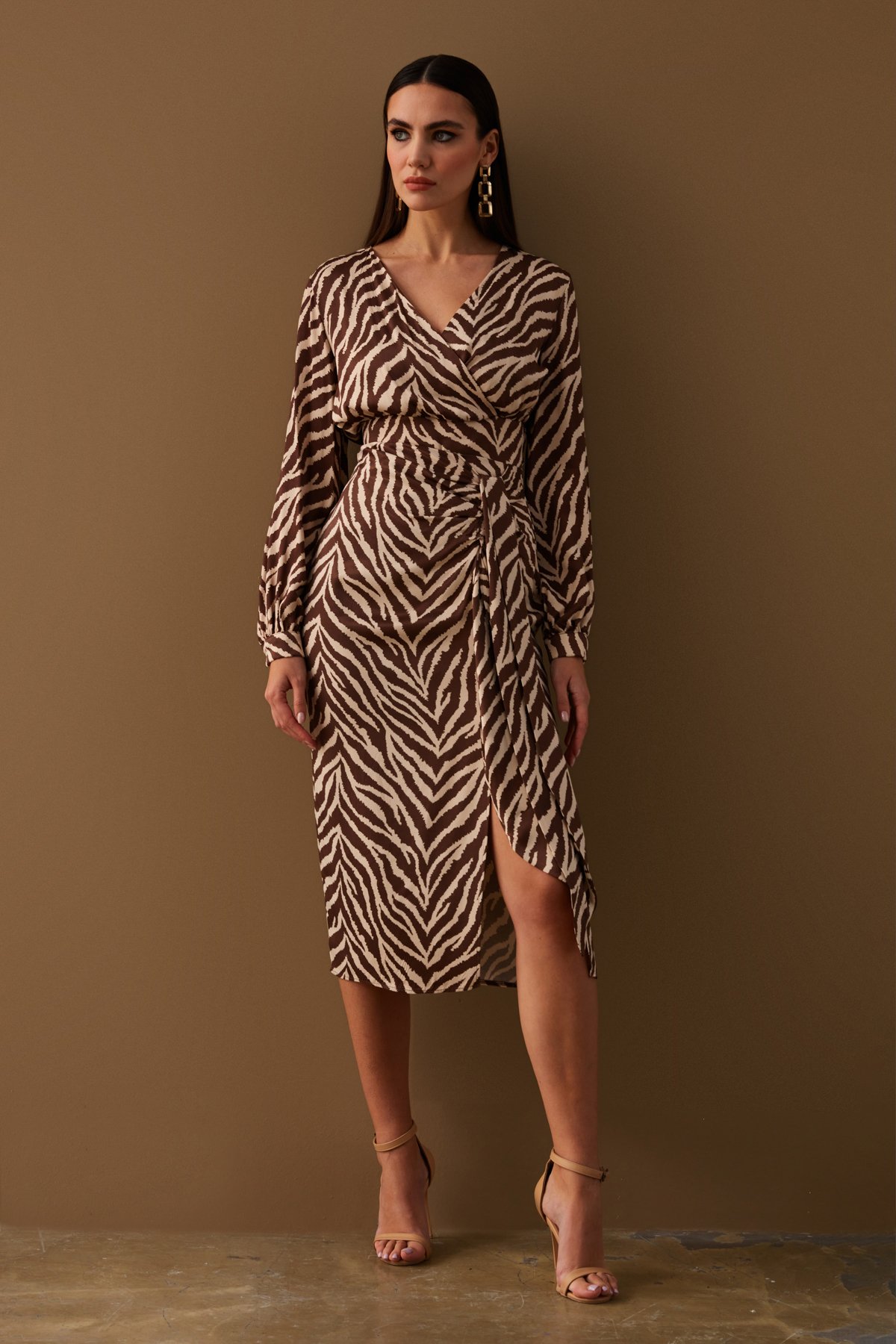 Zebra desenli detaylı saten etek - KAHVE