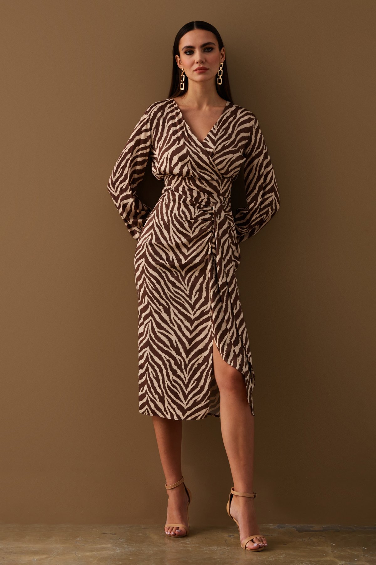 Zebra desenli detaylı saten etek - KAHVE